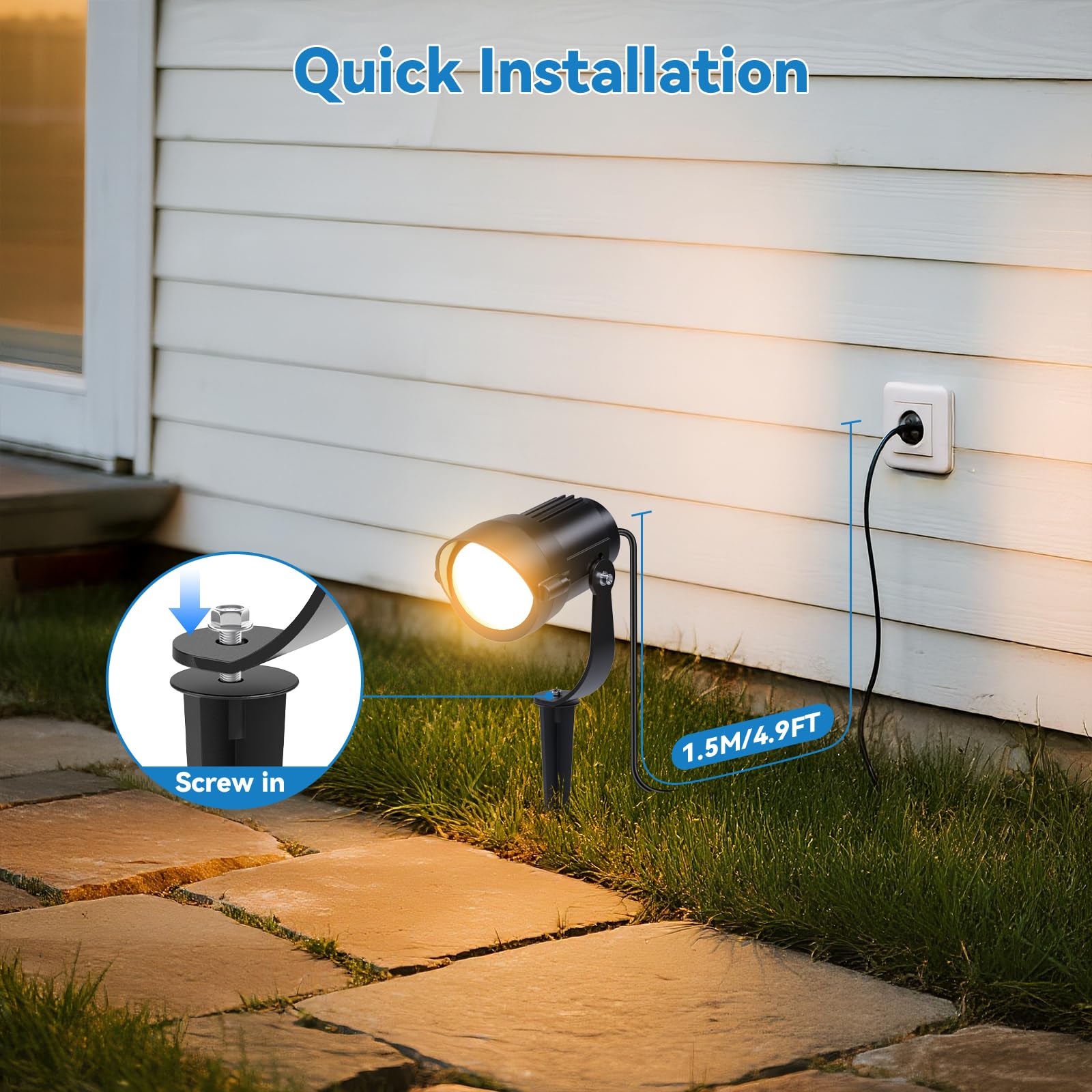 HIBOITEC Juego de 4 Focos de Jardín 12W 1320 Lúmenes, Luz Blanca Cálida 2700K, Focos LED Impermeables IP65 con Pica y Enchufe 1.5m, para Patio, Terraza, Jardín y Caminos