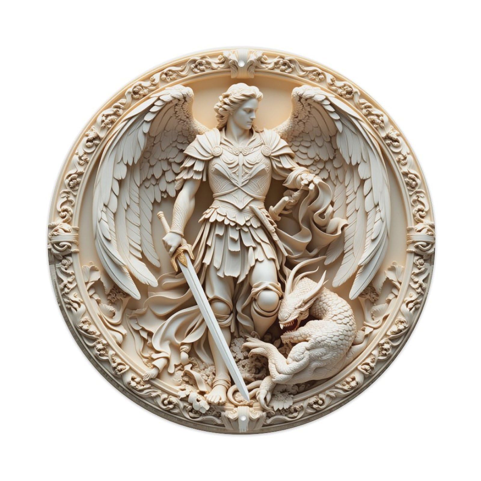 Angel Warrior Sword Dragon Relief Round Tin Sign Retro Metal Sign for Cafe Bar Pub Home Game Room Gym Club Wall Decoration Vintage Metal Poster 8x8 Inch