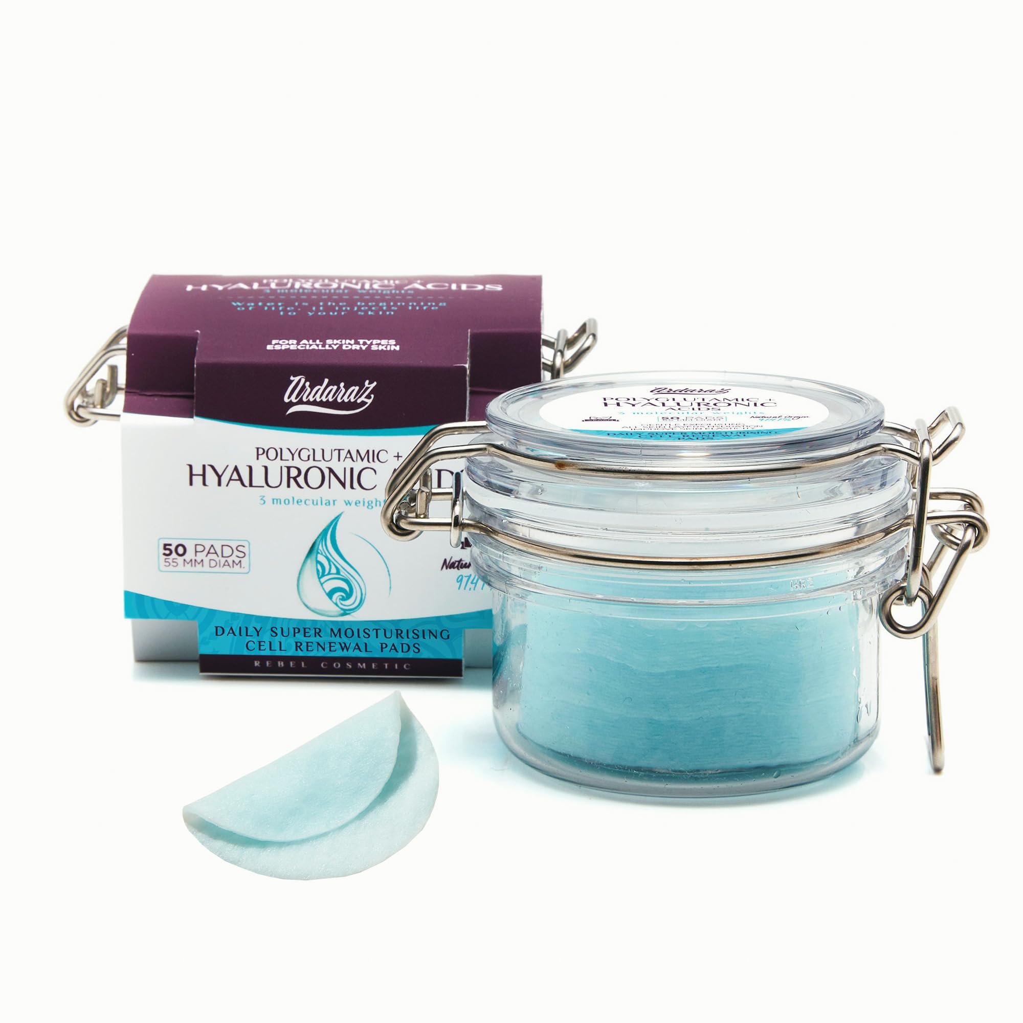 Ardaraz Dischetti di Rinnovamento Cellulare con Acido Ialuronico Viso e Poliglutammico. Dischetti imbevuti in tonico viso idratante con Effetto Volume, Peeling Viso delicato per uso quotidiano 50 pz