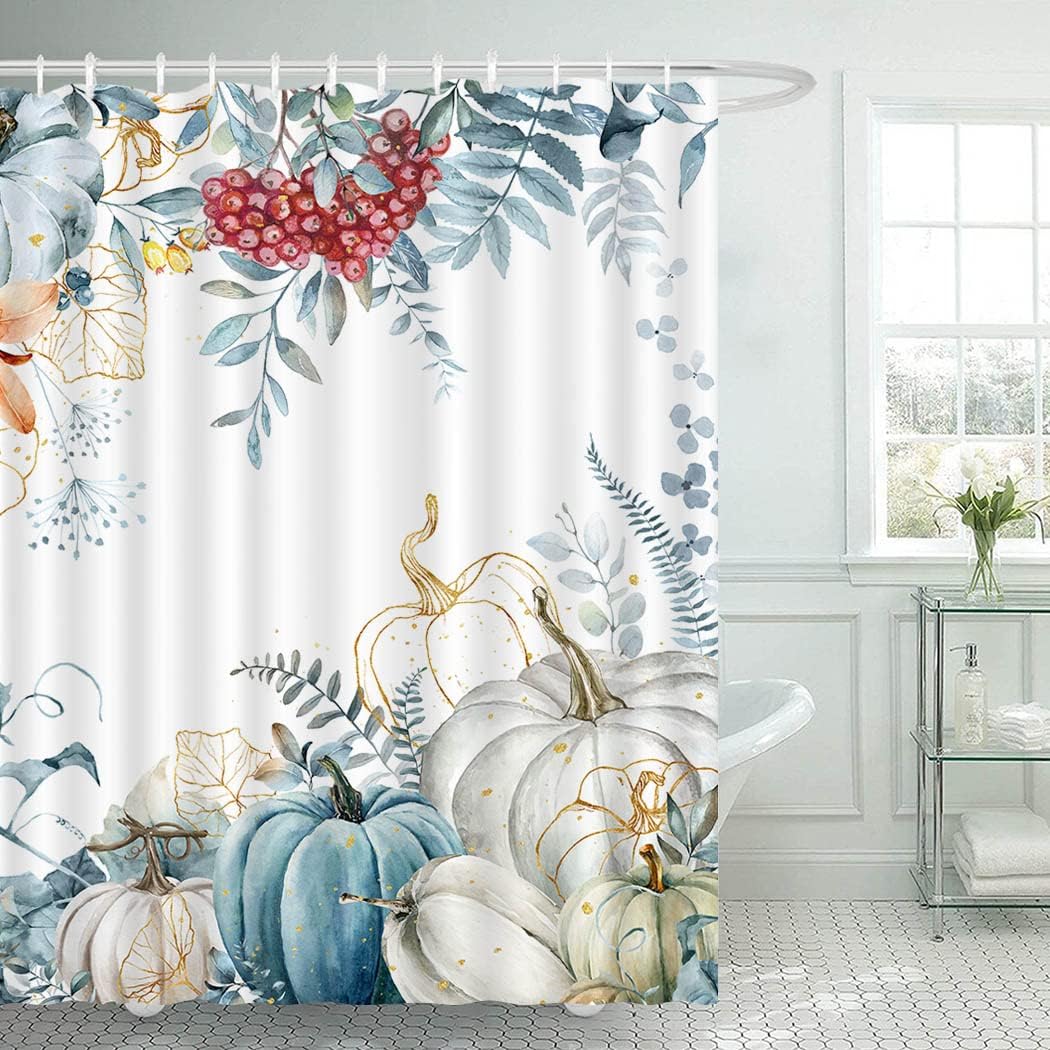 Juirnost Fall Pumpkins Shower Curtain Blue Leaves White