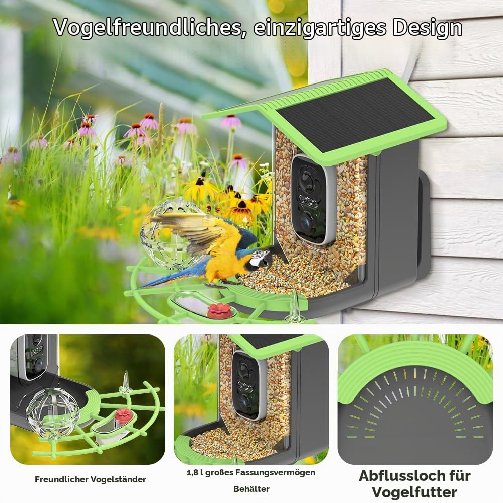 Vogelfutterhaus mit Kamera, Vogelhaus mit 4MP Kamera, Vogelfutterspender Garten, Vogelfutterstation mit Video/Fotoaufnahme, KI Identifizierung, Bewegungserkennung, Alarm, Nachtsicht, IP65 Wasserdicht