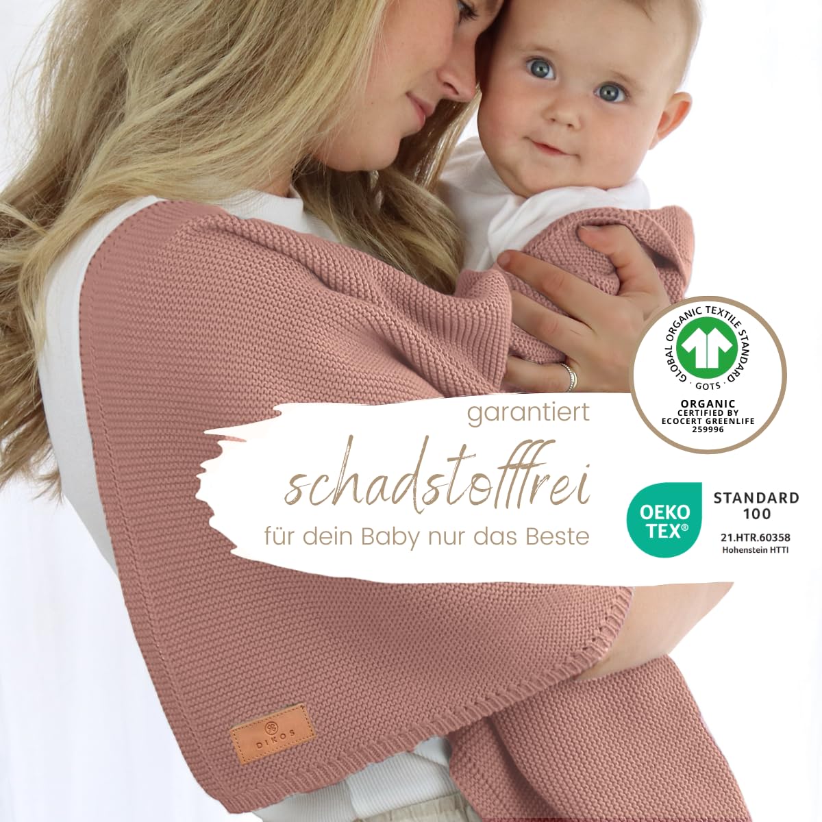 DIKOS Babydecke 100% Bio-Baumwolle – Strickdecke für Neugeborene Mädchen | Weiche, atmungsaktive Baby Decke. GOTS- & Oeko-TEX zertifiziert. Kuscheldecke, Geschenk zur Geburt & Babygeschenk, Beere