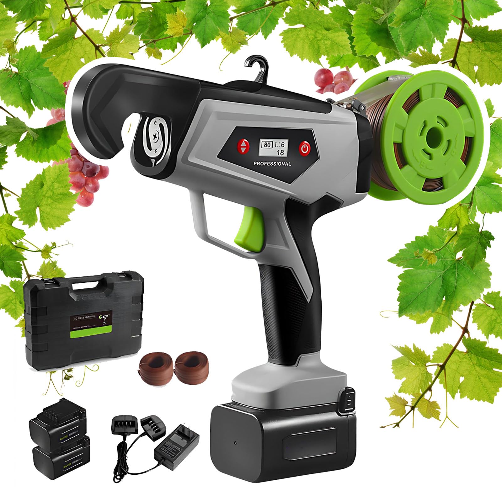 Máquina eléctrica para atar plantas, herramienta de atado portátil con anillo de 6 velocidades, correas de hasta 25 mm, incluye 2 paquetes de bridas