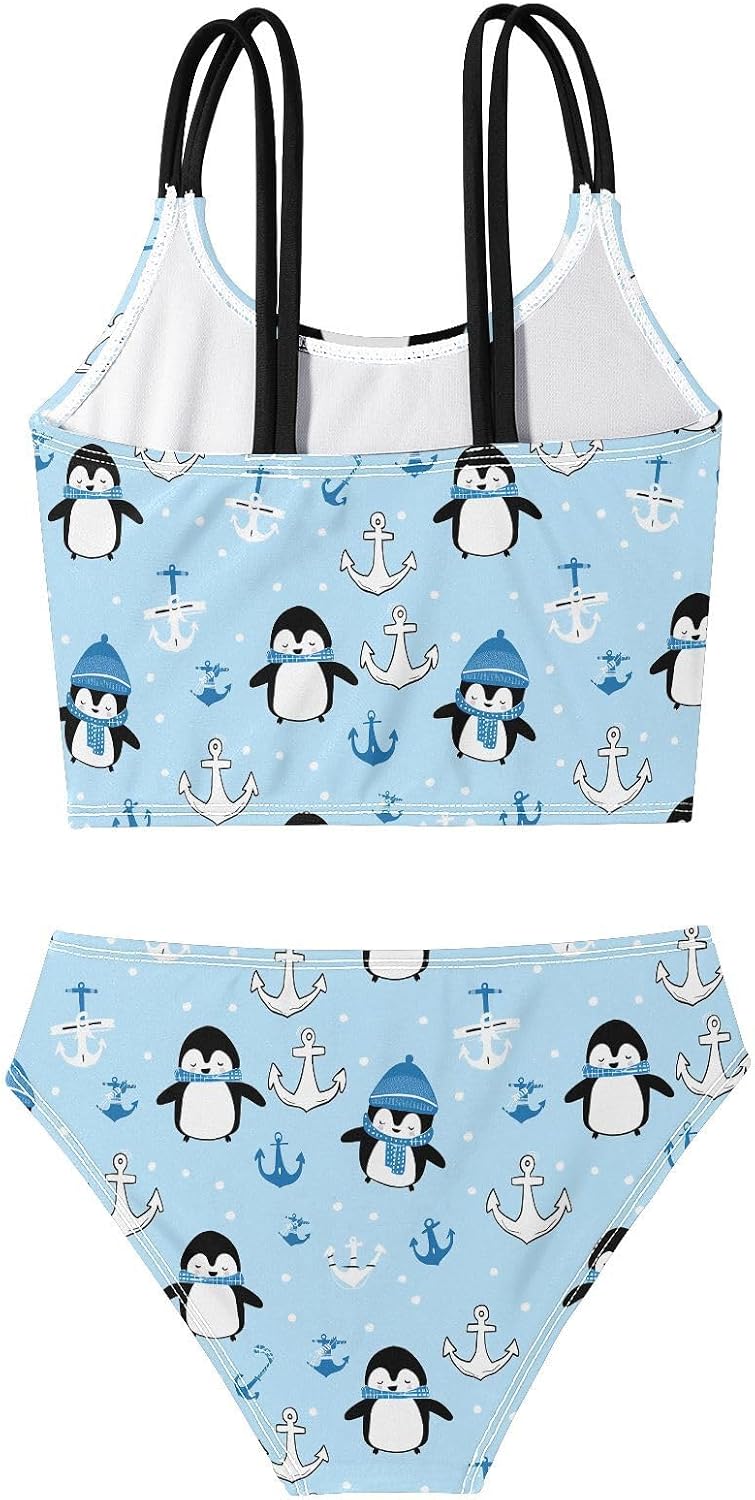 visesunny Girls Two Piece Swimsuits Penguin Hat Anchor Girl's Bikini Sets Bathing Suits for Girls Size 5-12Y