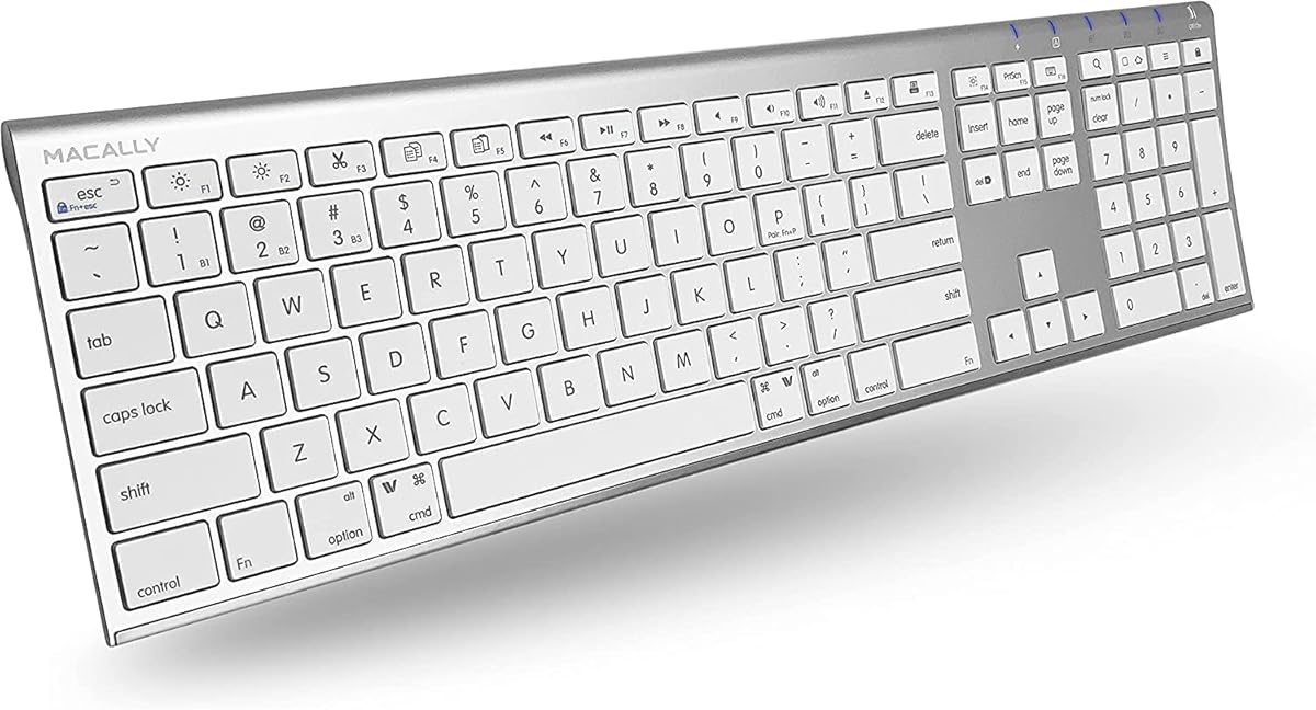 Macally Wireless Bluetooth Keyboard for Mac - Compatible Apple Keyboard or MacBook Pro/Air, iMac - Multi-Device, Up to 3 Devices with 110 Keys, 20 Shortcuts, Numeric Keypad, and Rechargeable - Silver