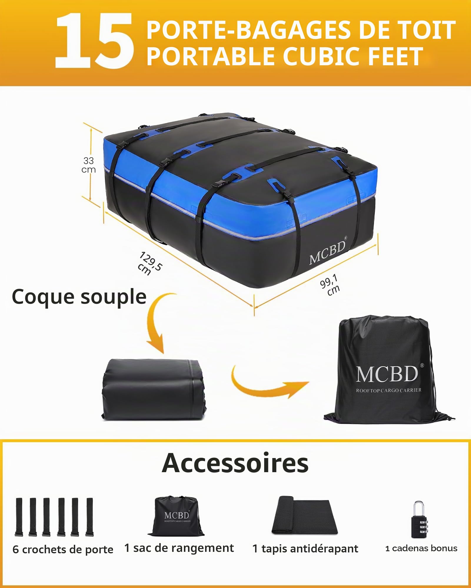 Sac de Toit de Voiture, 15 Pieds Cubes/425 litres Coffre de Toit Souple étanche pour Tous véhicules SUV avec/sans Barres