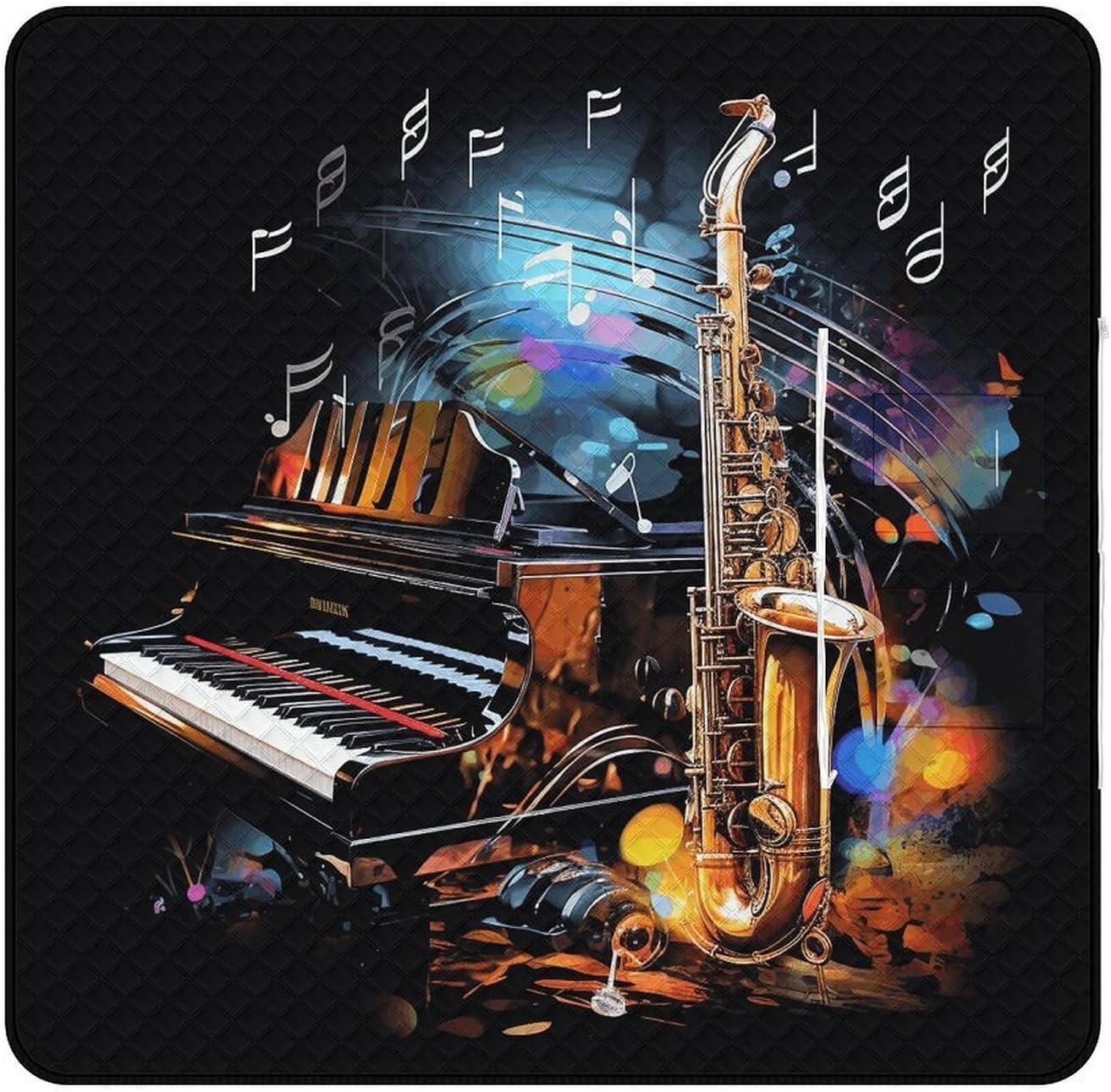 Saxophone and Piano Picnic Blanket 200x200cm, Foldable 2-in-1 Picnic Mat and Tote Bag Portable Waterproof Beach Mat Sandproof Outdoor Blanket for Park, Hiking, Beach, Camping, Travel