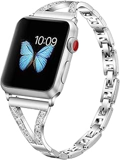 BestMin Bling Bands Compatible with Apple Watch Band 38mm 40mm 42mm 44mm,Women Stainless Steel Metal Band Replacement Dressy Wristbands Bling Strap for iWatch Series 6, Series 5, Series 4, Series 3,Series 2, Series 1, Apple Watch SE