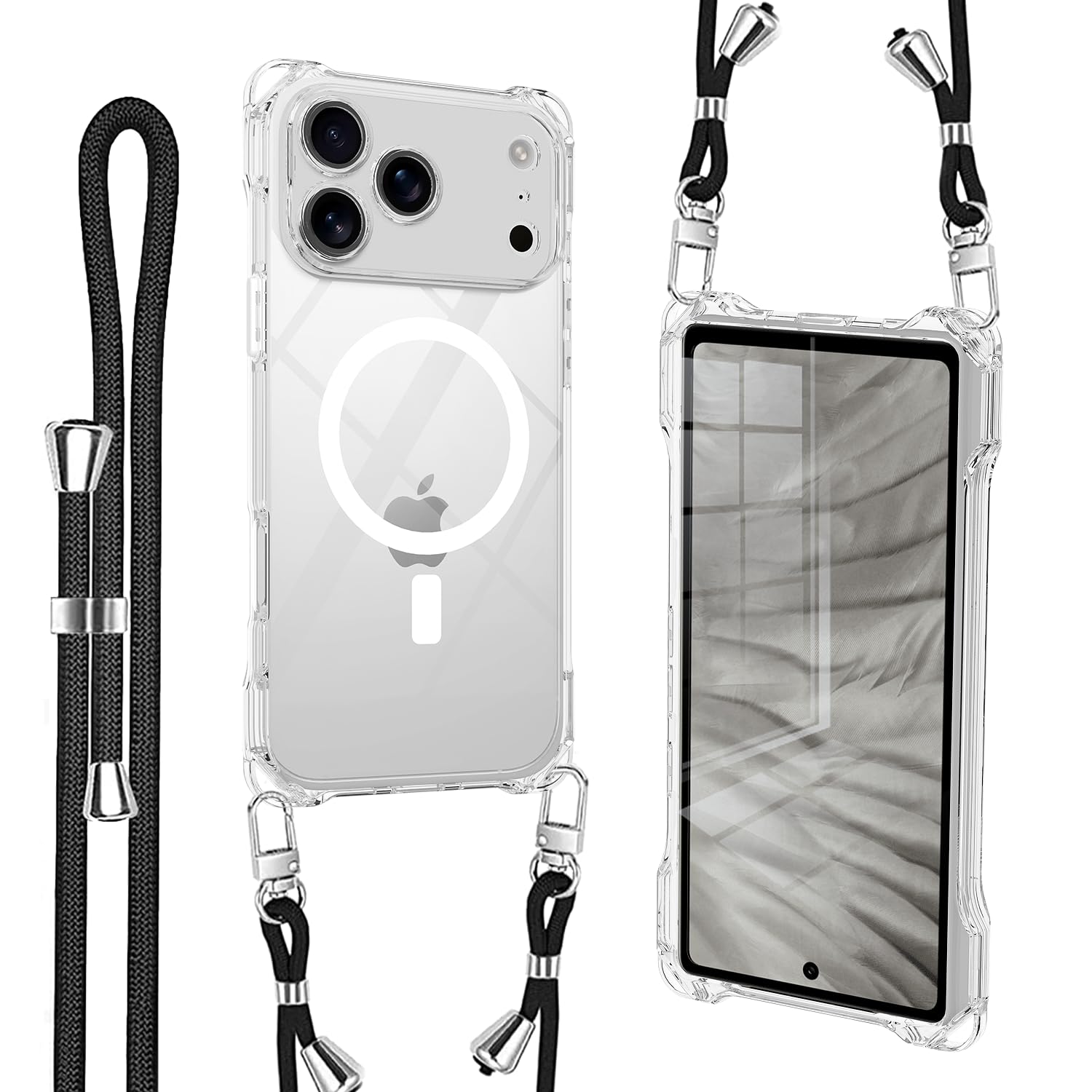 iPhone 17 Pro Max 用 ケース クリア Magsafe対応 マグネット搭載 ショルダー ストラップ付 携帯カバー 耐衝撃 全面保護 アイフォン17 プロ マックス 用 ソフトTPU 純透明 スマホケース 紐付き 肩がけ 首掛け 縄掛けケース 落下防止 紛失防止【き調節可能 取り外し可能】TPU 薄型 軽量 Qiワイヤレス充電対応【いPhone 17 Pro Maxクリア】