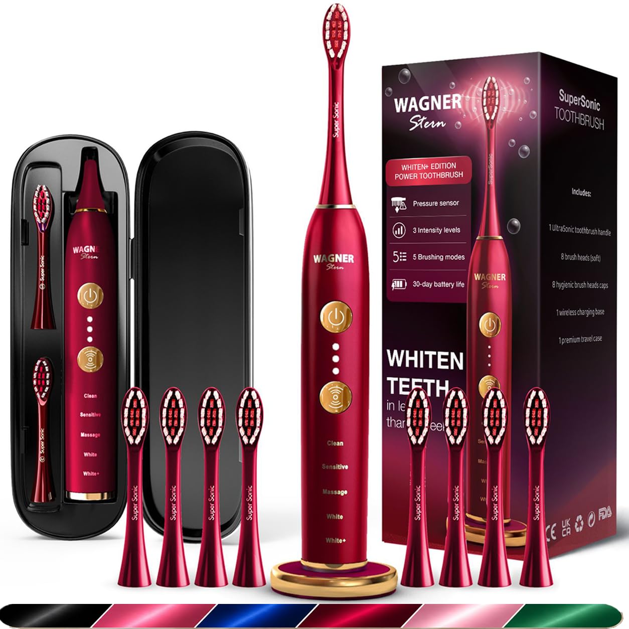 Wagner Stern Edizione WHITEN+. Spazzolino elettrico con sensore di pressione, 5 modalità, 3 intensità, 8 testine, custodia da viaggio. (cremisi)