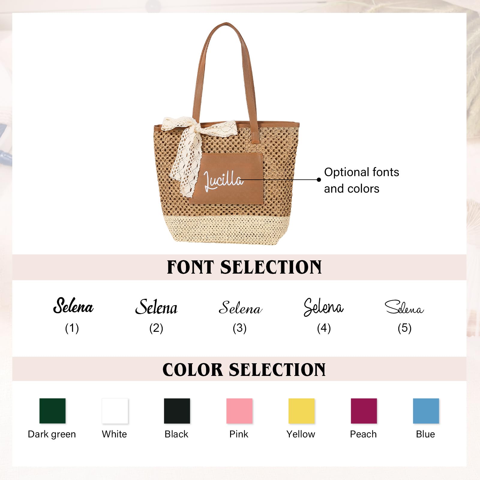 Jeweidea Bolso de Playa Personalizado para Mujer con Nombre Bolso Rafia Mujer Verano Tote Bohemio para Playa/Viajes/Piscina