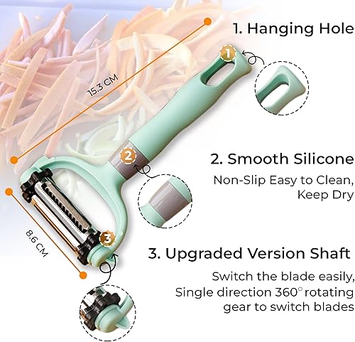 Miniatura 6 de BuyBrilliance Peeler Juego de 3 peladores de frutas de acero inoxidable, 3 en 1, pelador de papas con hoja giratoria para verduras sin esfuerzo,