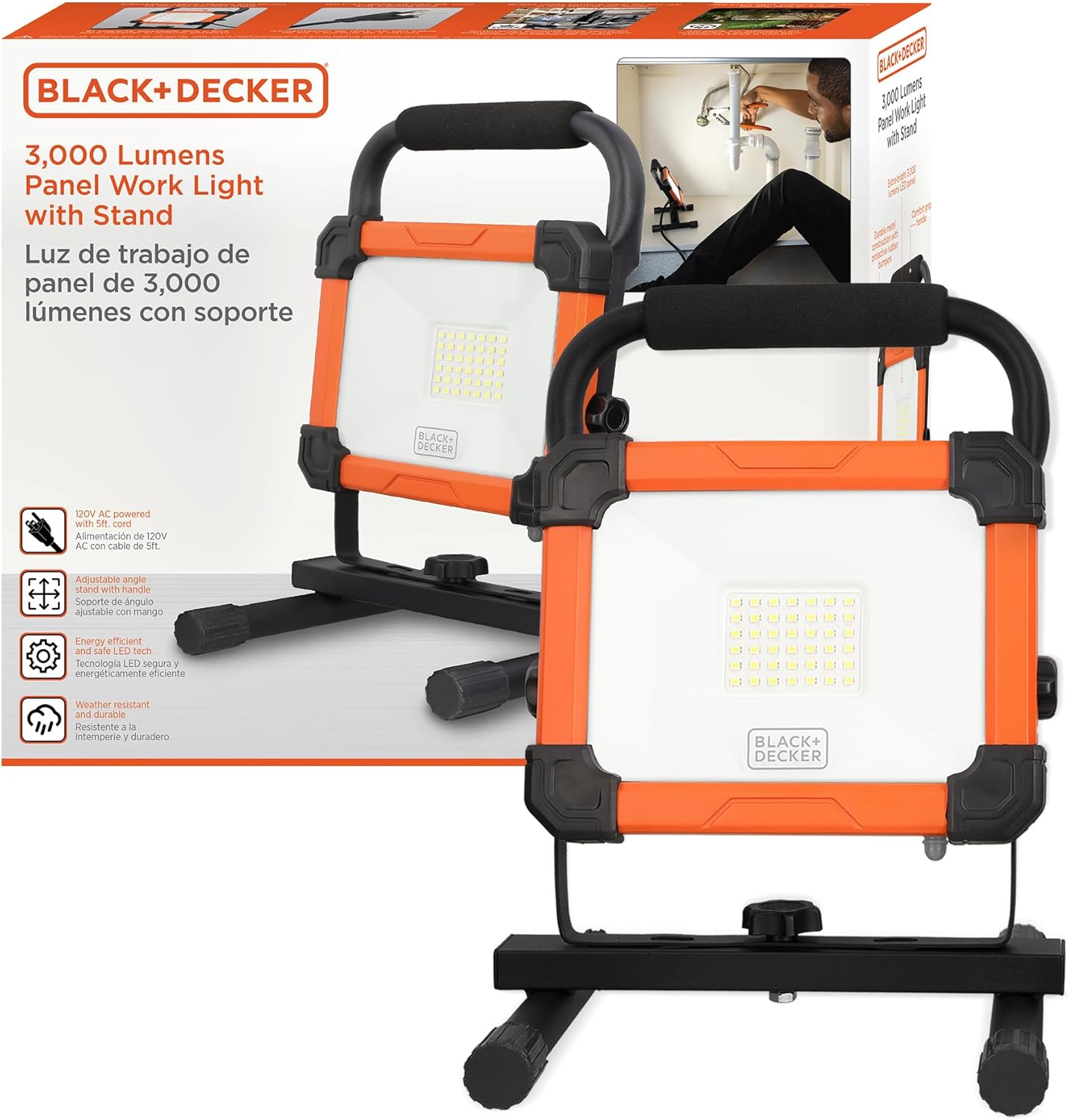 BLACK+DECKER LED Work Light, 3000 Lumens LED Panel Flood Light, IP65 Waterproof, Shock Resistant, 120° Beam Angle, ETL Certified, Pivoting H-Stand, Tripod Compatible, Compact & Portable, 120V Plug