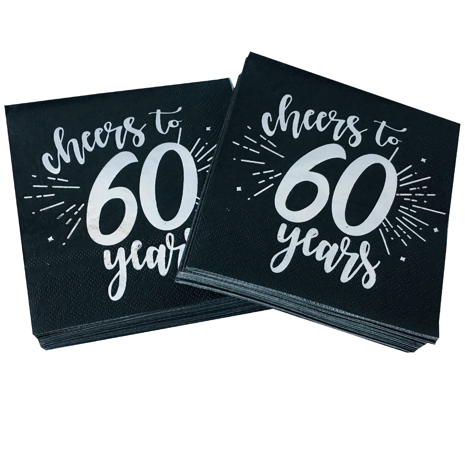 CHANGCAO50Pieces Silver60th Birthday Celebration Party Decorative Napkin Black60th Birthday Decorative Men's and Women's Party Supplies Cocktail Napkins in a black, Cheers to 60 Years