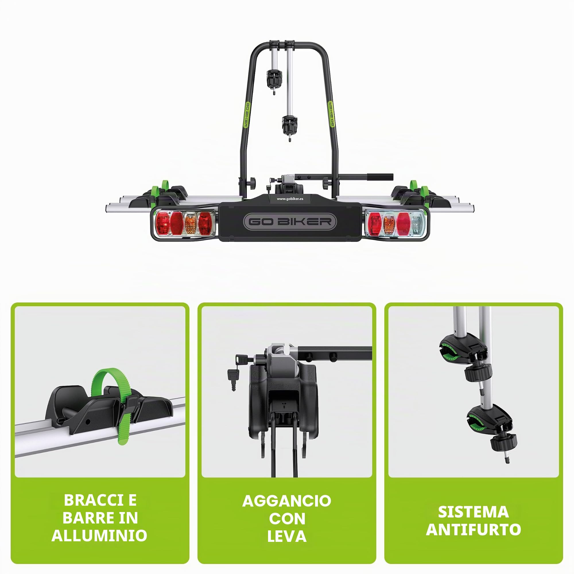 E‑TREK Portabici Auto su Gancio Traino con Leva per 2 Bici – Compatibile Bici Elettriche – Telaio in Acciaio e Alluminio – Sistema di Sicurezza – 30 kg per Binario