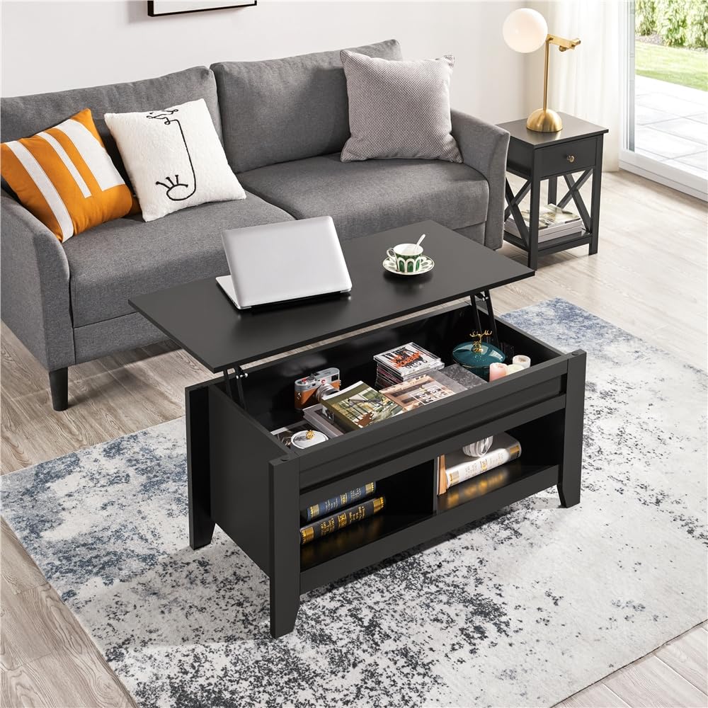 Yaheetech Table de Basse Relevable avec Plateau relevable, Table de Salon Fonctionnelle avec Deux Compartiements Caché, Design Moderne en Bois MDF 104 x 49 x 49/61 cm Noir