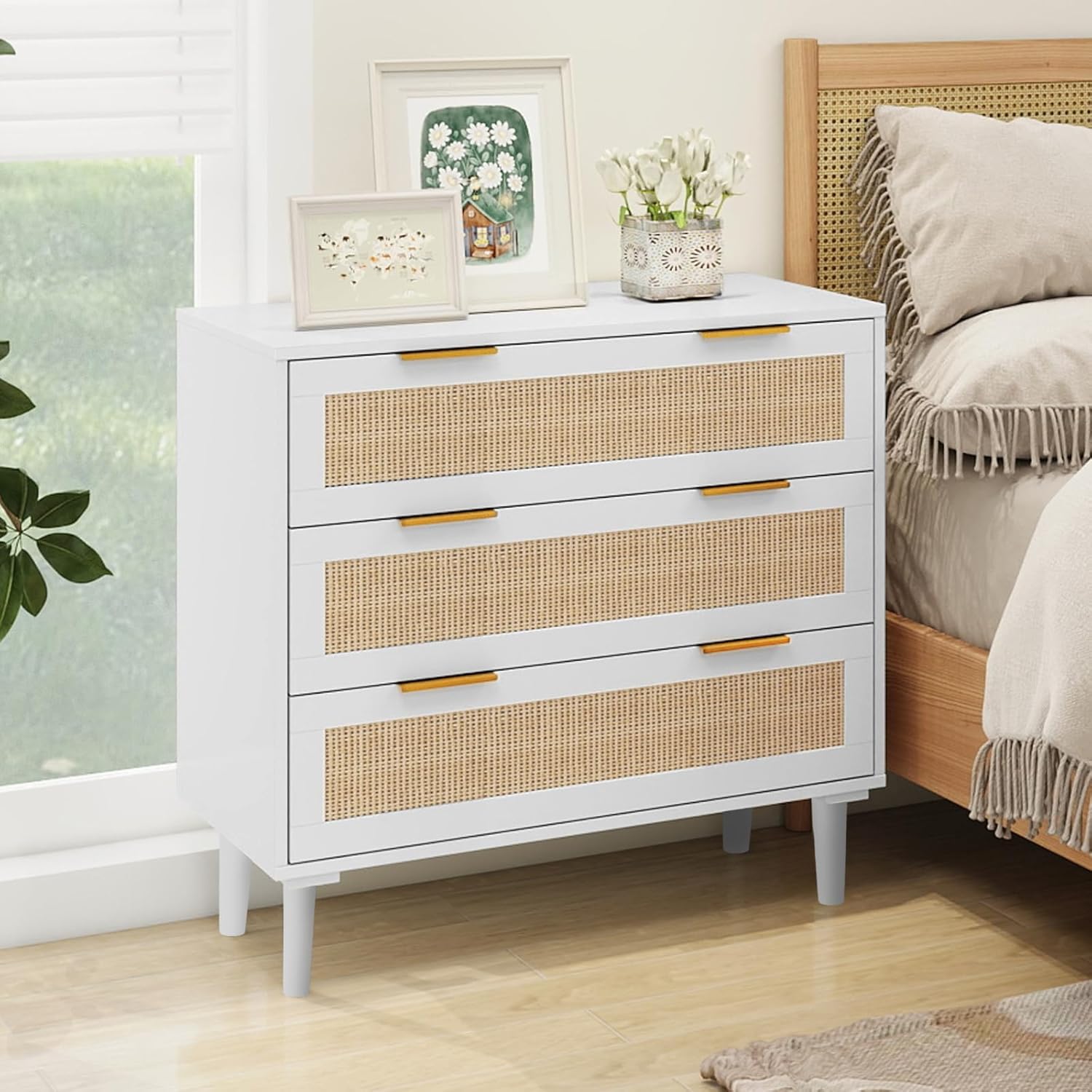3 Drawer Dresser for Bedroom, Rattan Dresser Storage for Closet, Boho 3 Drawer Dresser Chest of Drawers, Modern Wood Dresser for Kids Bedroom, Living Room, Nursery, Hallway, Entryway, White