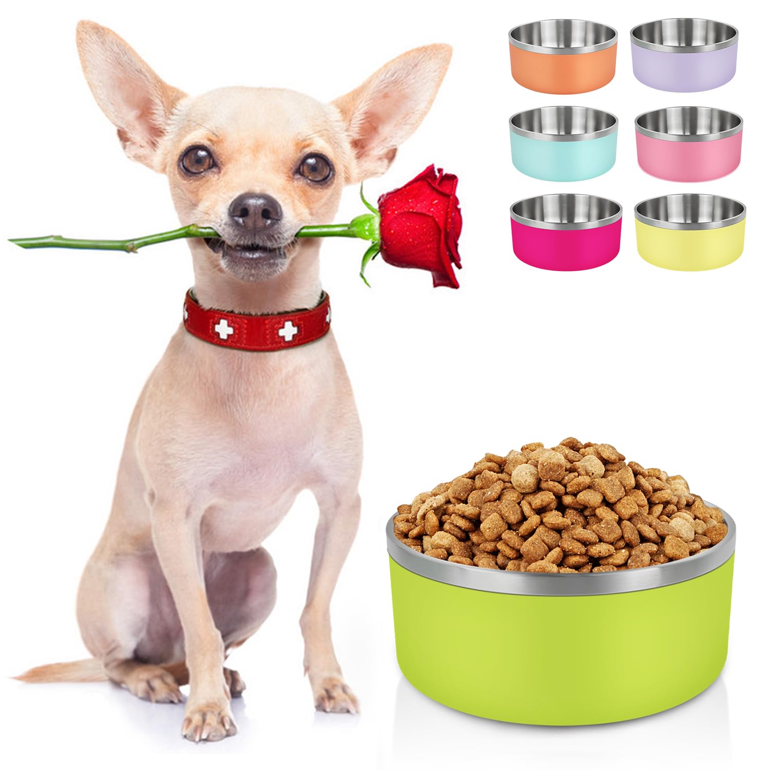 LIHONG Stainless Steel Dog Bowl for Small Medium Sized Dogs - Non-Slip, Insulated, Rustproof Pet Bowl for Food and Water (40oz, Lemon Green)