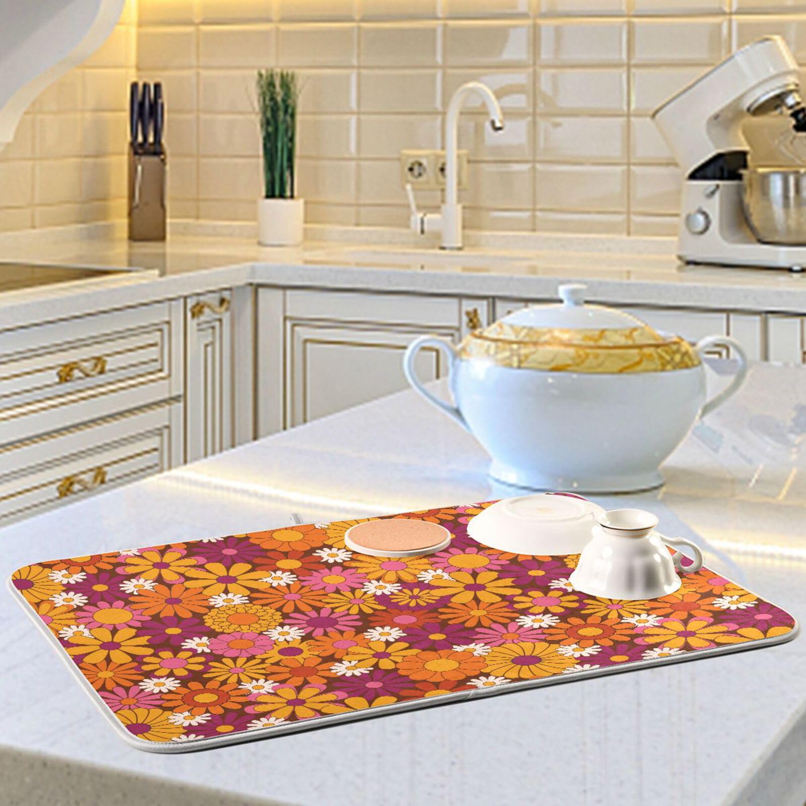 Tapis De Séchage De La Vaisselle Floral : égouttoir En Tissu De Coton Crème - France