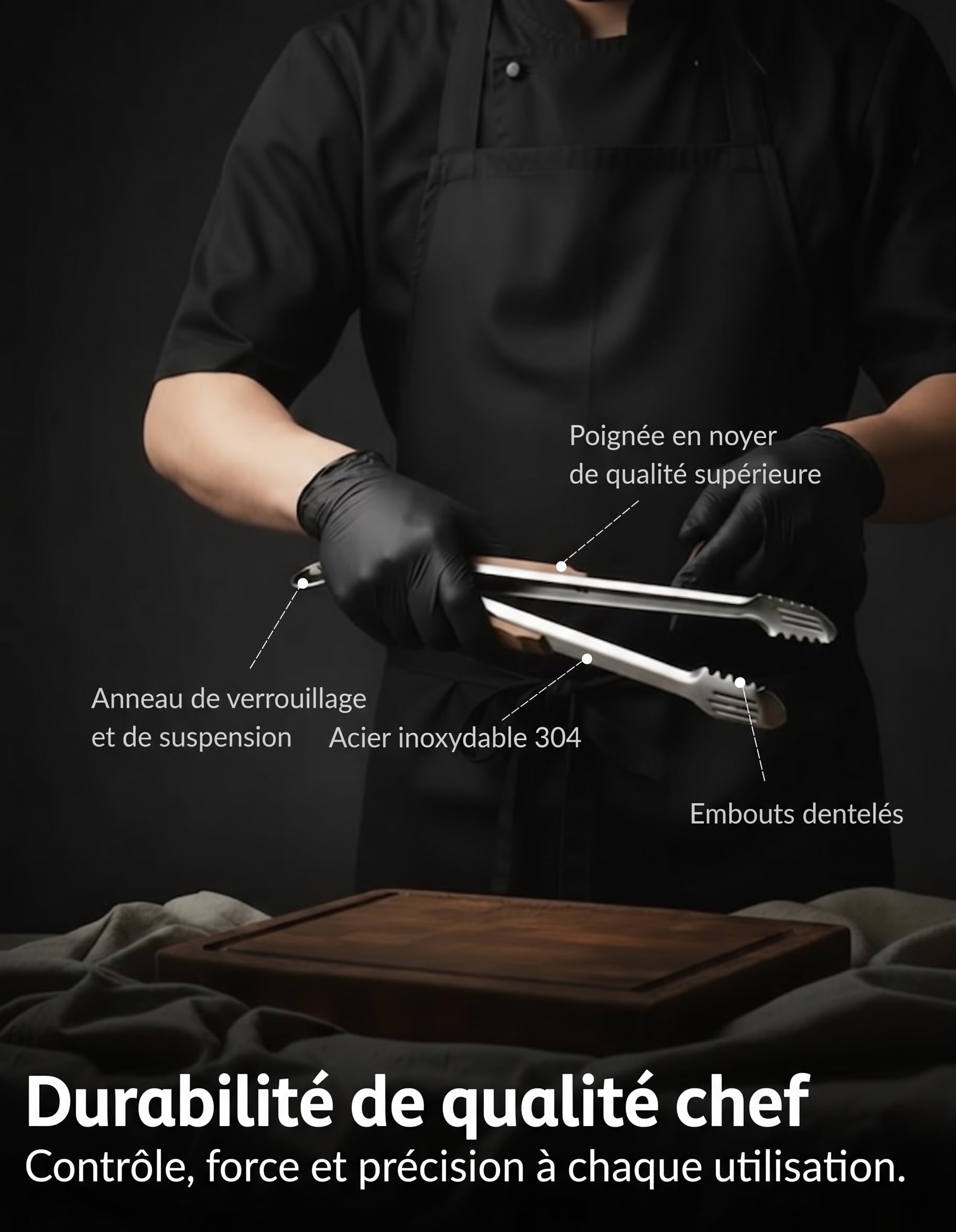Pince Barbecue 43 cm Acier Inoxydable 304 - Pince Grillade Extra-Longue avec Manche Bois de Noyer, Embouts Dentelés Fentes, Anneau Verrouillage et Crochet, Pochette Cadeau Incluse - Stone & Clark