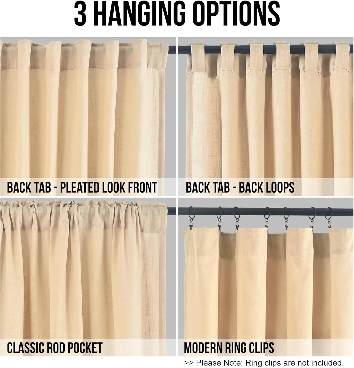 FINECITY Taupe Linen Curtains 63 Inch Length for Bedroom, 2 Panels Privacy Window Semi Sheer Curtain Burlap Look, Light Filtering Farmhouse Cottage Decor Back Tab Linen Drapes, 42 x 63 Inch, Tan