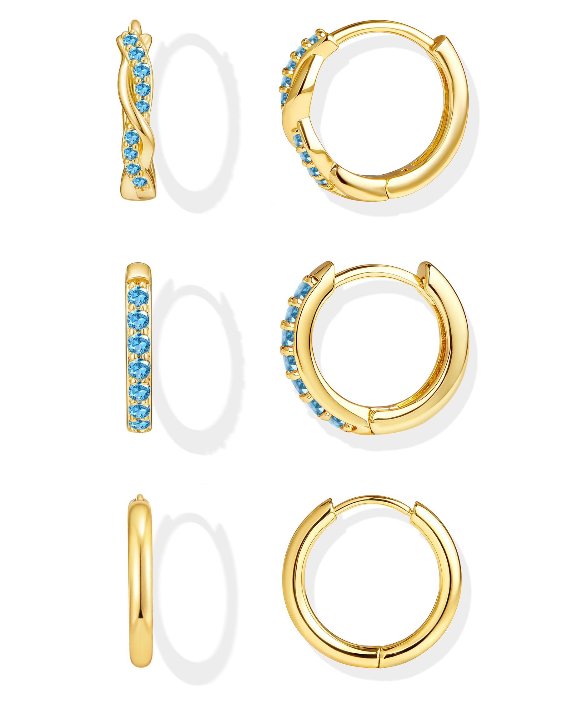 Inerney Gold Huggie Hoop Earrings Set for Women, Dainty Small Sterling Silver Earring Stacks Hypoallergenic Jewelry for Multiple Piercings, Trendy Twisted Cute Cartilage Hoops Birthstone Gift 3 Pairs