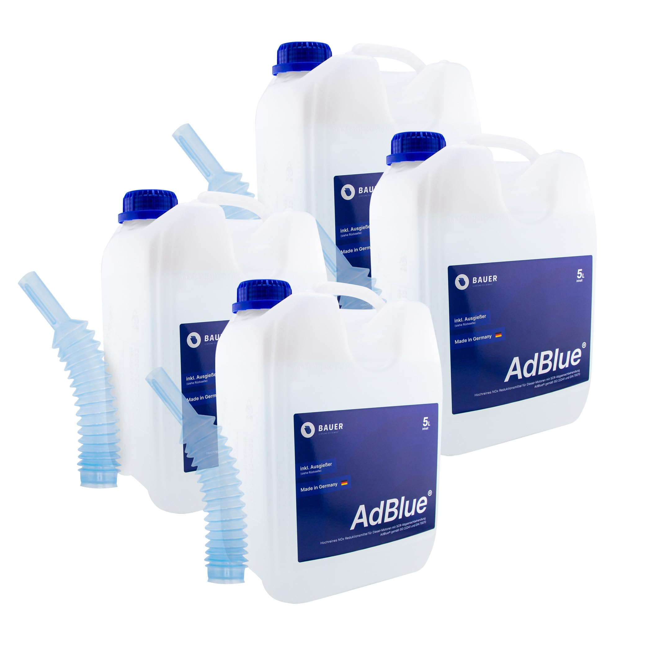 AdBlue 20L - 4x5 Liter Premium Harnstofflösung Kanister mit Flex-Ausgießer für Diesel-Motoren, ISO 22241 Konform – Optimale SCR-Abgasnachbehandlung, Made in Germany, PKW, LKW, Baumaschinen