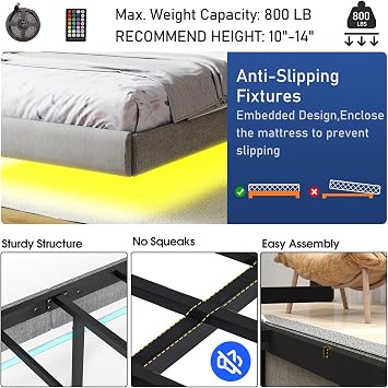 RVONOW Floating 3ft Single Bed Frame with LED Lights, 90x190cm Metal Platform Bed Frame with Under Bed Storage, Heavy Duty Steel Slats Support, No Box Spring Needed, Noise Free, Easy Assembly, Grey