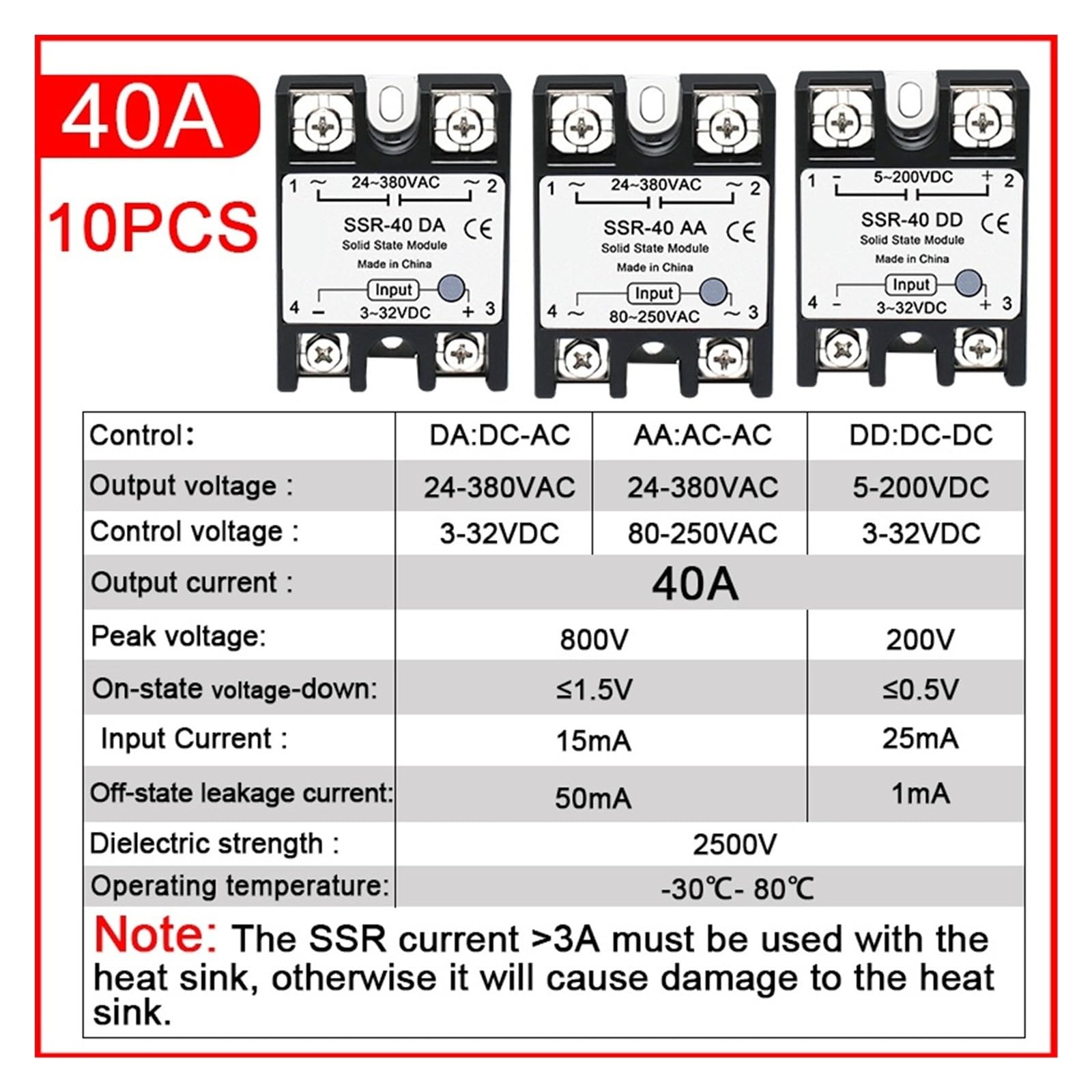 LCTC 10 relés de estado sólido SSR CC a CA CA a CA CC a CC 10 A 25 A 40 A 50 A 60 A 80 A 100 A monofásico sin contacto 3-32 VCC (DC-AC, 10 unidades SSR 40 A)