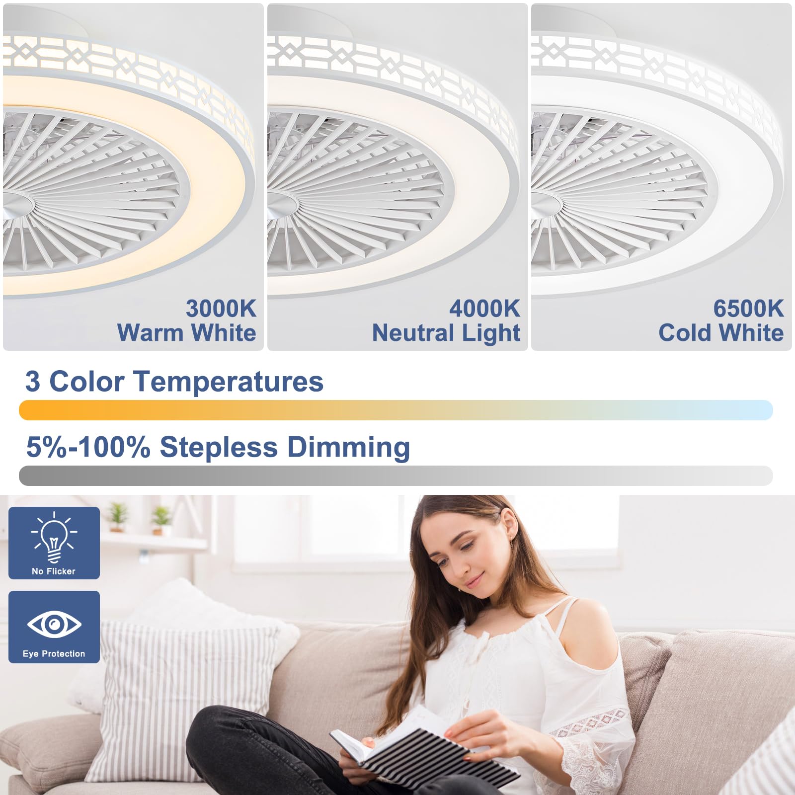 Ventilateur Plafond 48cm Ultrafin Moderne 3 Couleurs Réglables 6 Vitesses Réversible avec Minuterie et Mémoire Silencieux Blanc