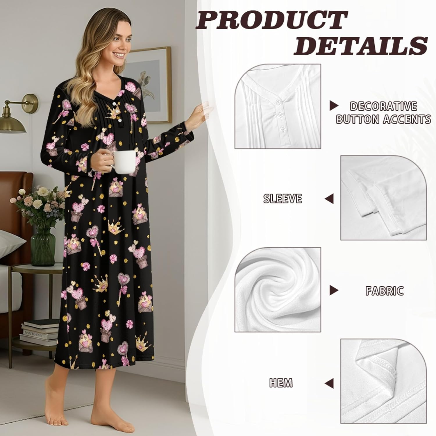 Long Sleeve T Shirt Nightgown Women Soft Oversized Full Length Homewear Long Lightweight Sleepshirt Nightgown