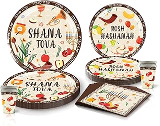 Rosh Hashanah Tableware Set, 60pcs Rosh Hashanah Shana Tova Party Decorations, Rosh Hashanah Party Supplies with Shana Tova Plates, Paper Cups, Napkins for Jewish New Year Holiday Celebration