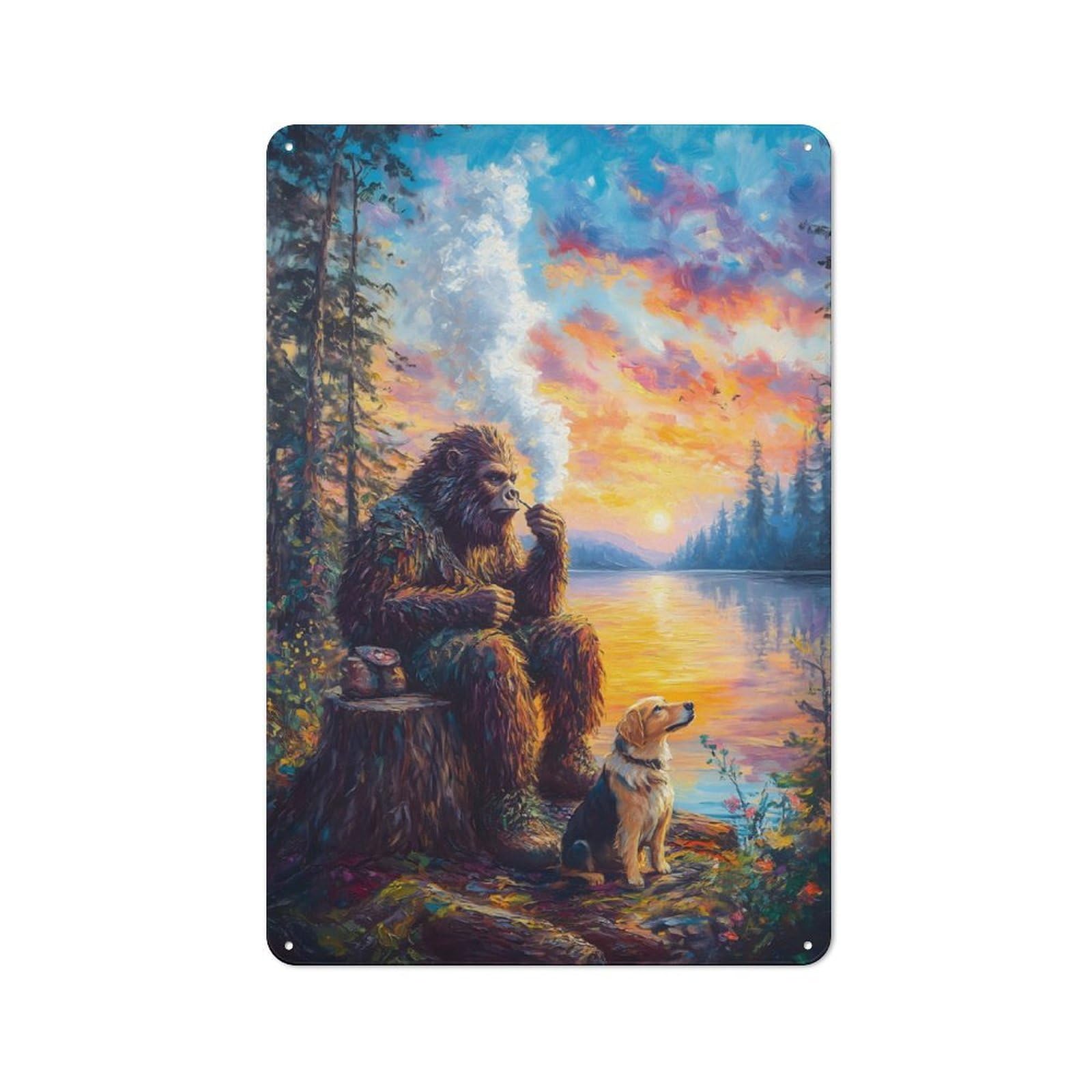 Bigfoot Sunset Rustic Tin Sign 30x20cm for Living Room Or Hallway, Suited to Living Room Decor Lovers
