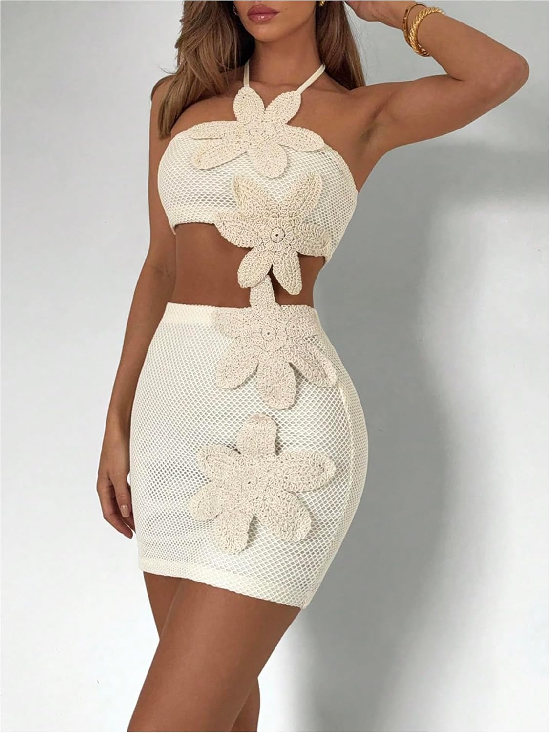 GORGLITTER Women's Crochet Skirt Set 2 Piece Beach Vacation Outfits 3D Floral Halter Crop Top and Mini Skirt Sets
