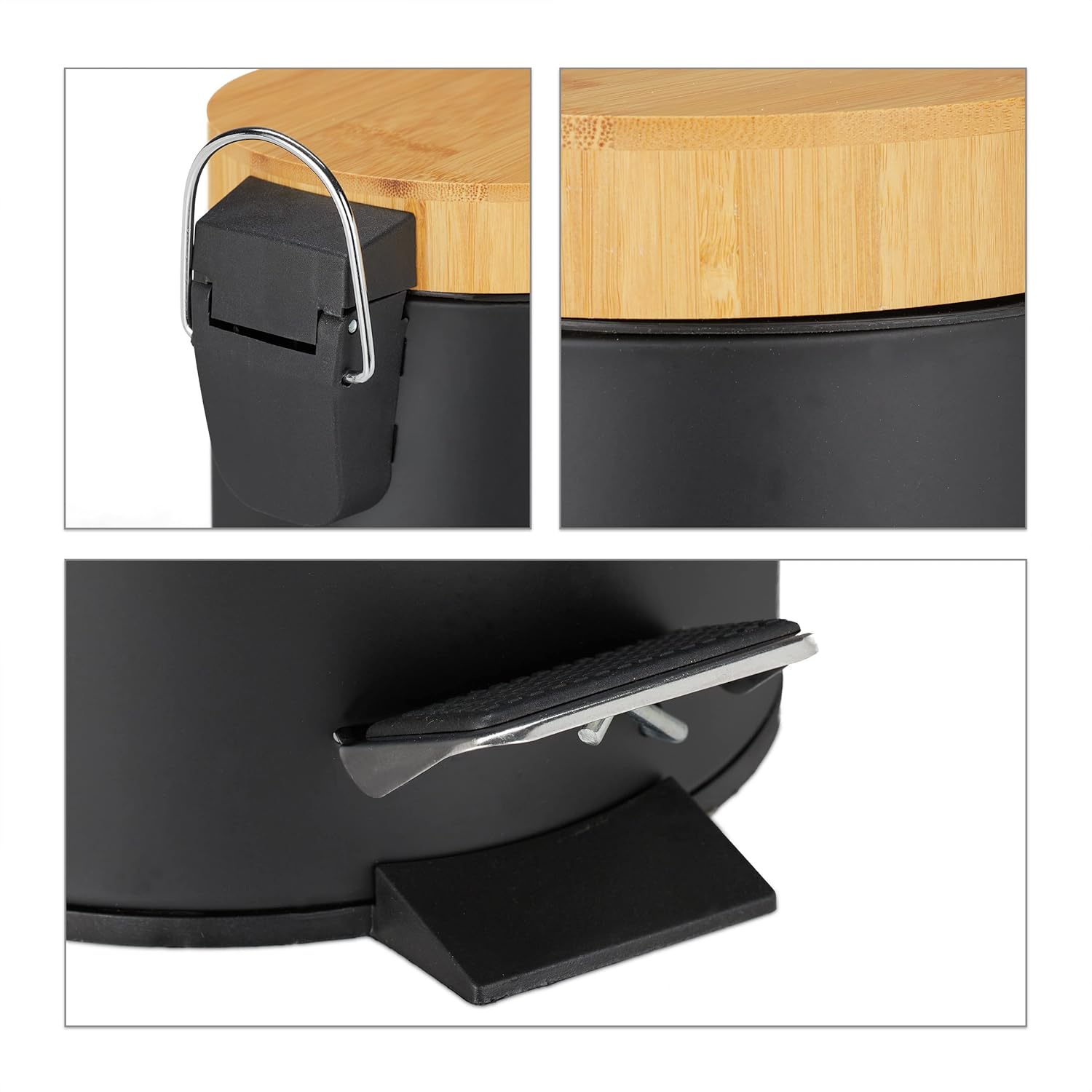 Relaxdays Bathroom Bin, 3 litres, Cosmetic Bin, Soft-Close Mechanism, Bamboo Lid, Removable Inner Bucket, Pedal Bin, Black, Iron