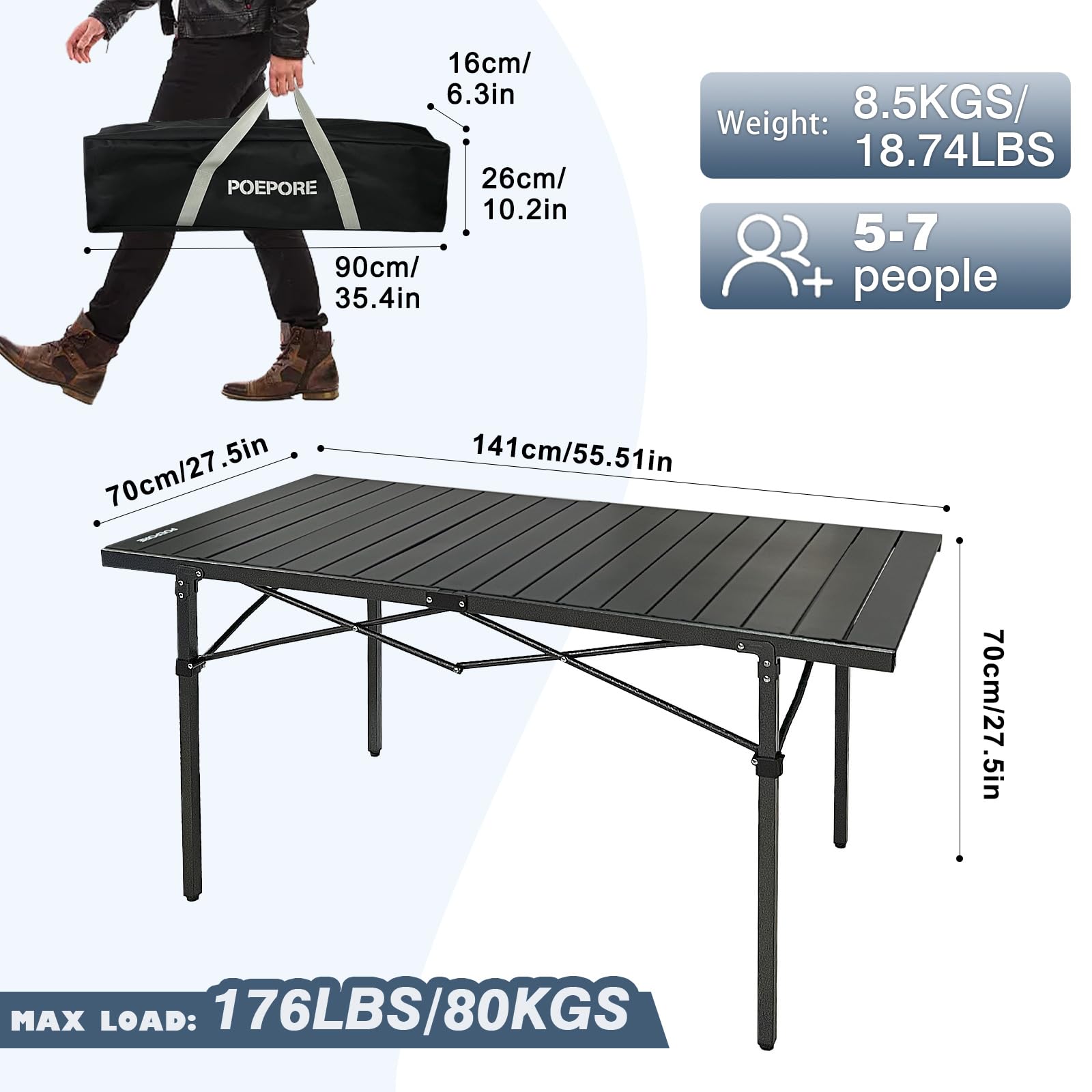 Campingtisch Klappbar Aluminium Breites Panel Groß Gartentisch für 4-6 Personen Outdoor Klapptisch Faltbar Rolltisch Reisetisch mit Aufbewahrungstasche 141 x 70 x 70cm bis 80kg Schwarz