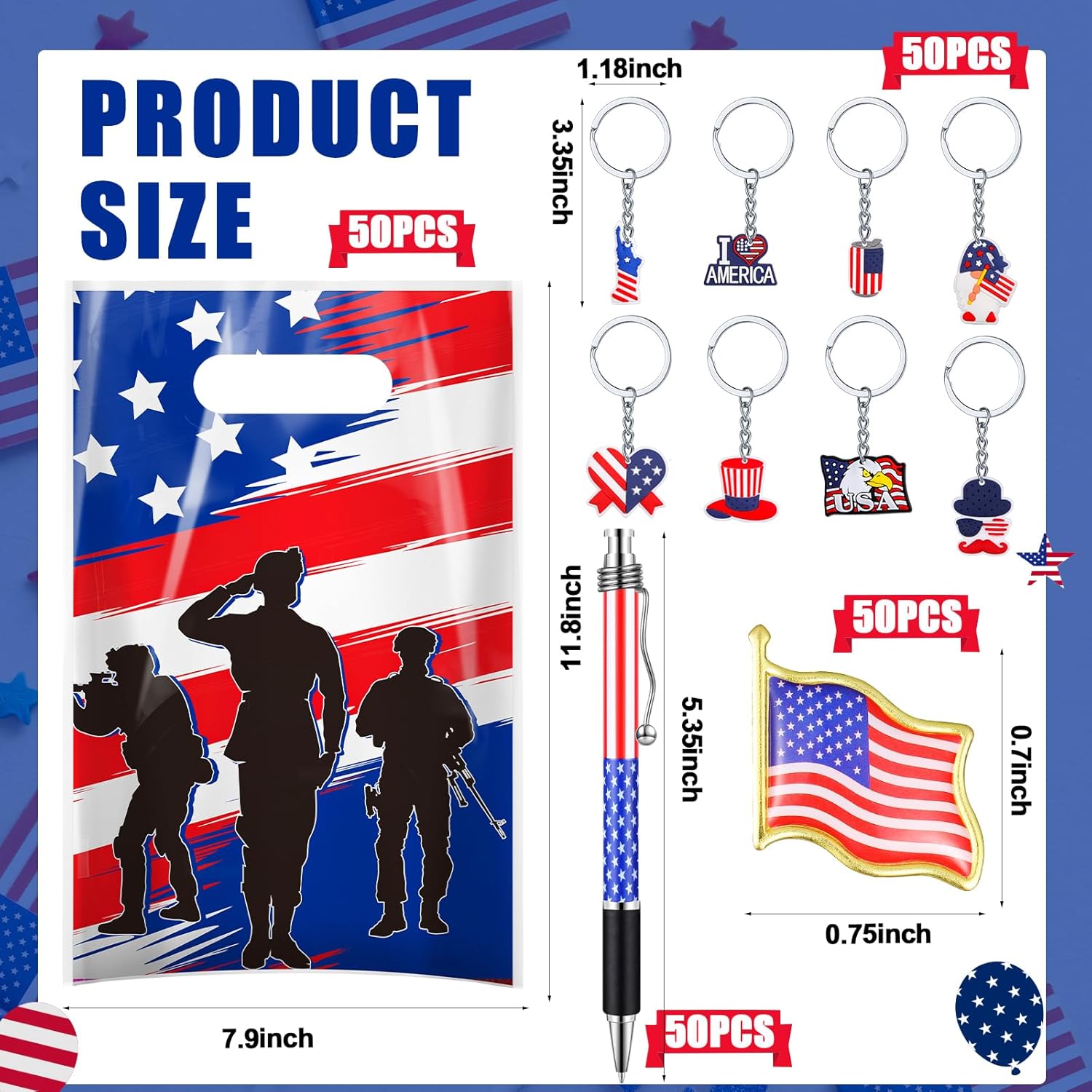 200 Pcs / 50 Set Patriotic Gift Bulk Accessories Include 50 American Flag Gift Bag 50 USA Keychain 50 Red White Blue Pen 50 US Flag Brooches for Patriotic Party Supplies