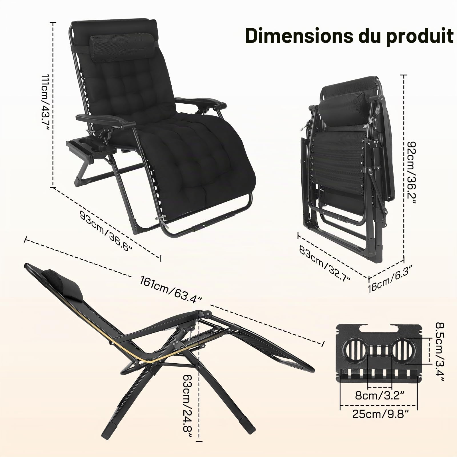 Chaise longue de jardin 2 en 1 pour l'extérieur, réglable de 90° à 170°, pliable, capacité jusqu'à 200 kg, coussin amovible, jardin/camping (83 cm noir)