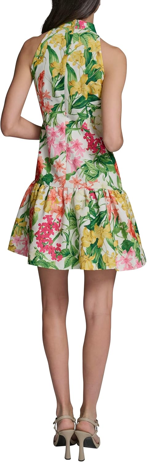 Karl Lagerfeld Women's Sleeveless Halter Neck Printed Floral Ottoman Dropwaist Above the Knee Dress