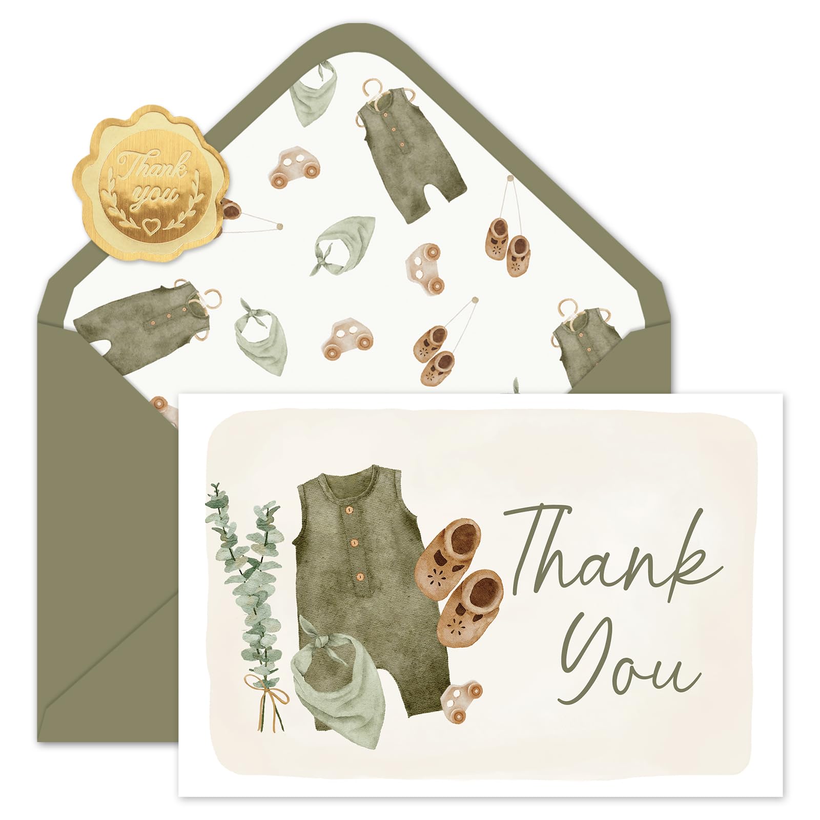 JarThenaAMCS 24 Pack Baby Shower Thank You Cards Green Baby Cloth Note Cards with Envelopes Stickers Greeting Blank Card for Boy Birthday Baby Shower