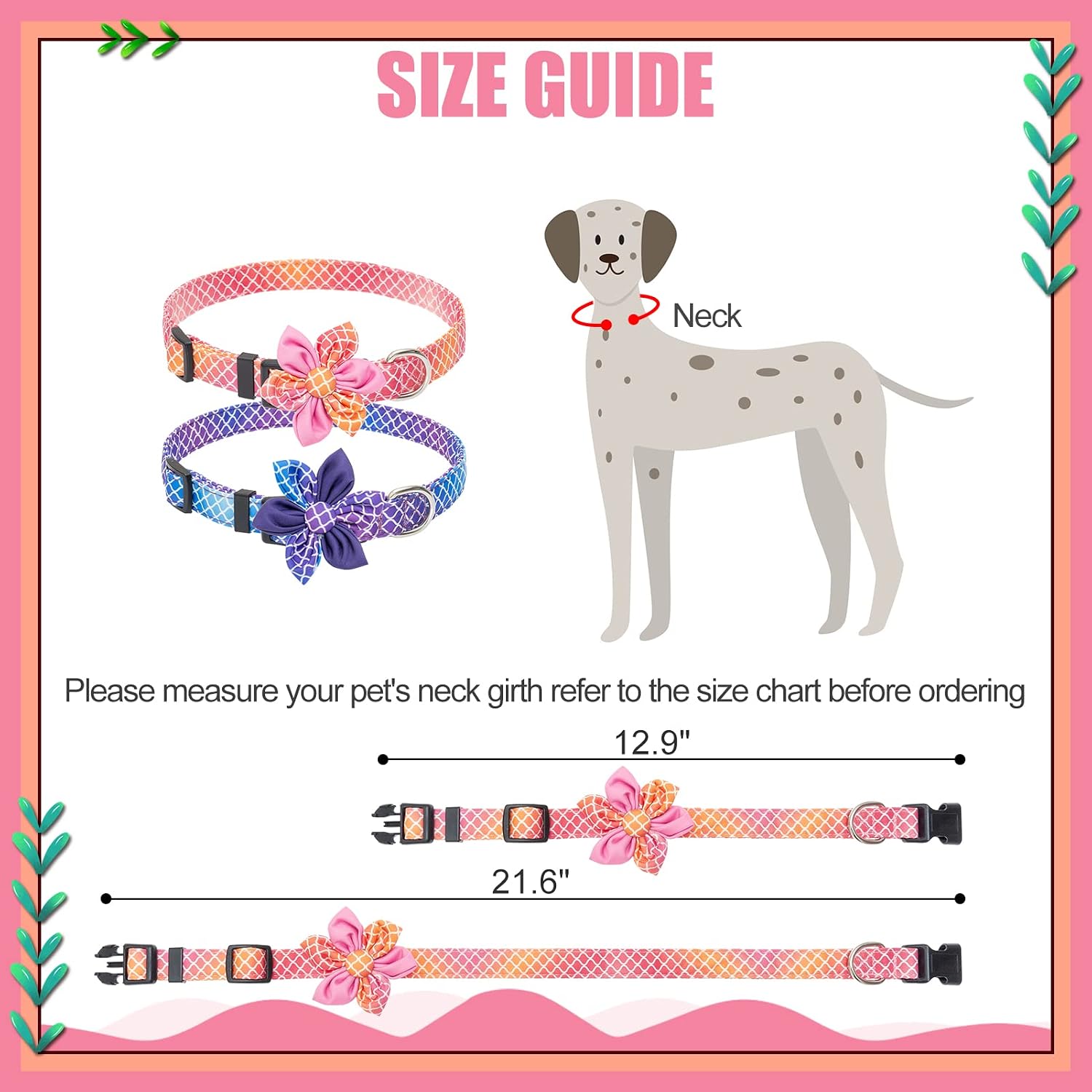 BINGPET Dog Collar with Flower - 2 Pack Adjustable Dog Collars with Detachable Flower Decorations, Cute Dog Collar for Medium and Large Dogs, Plaid Large Dog Collar for Summer
