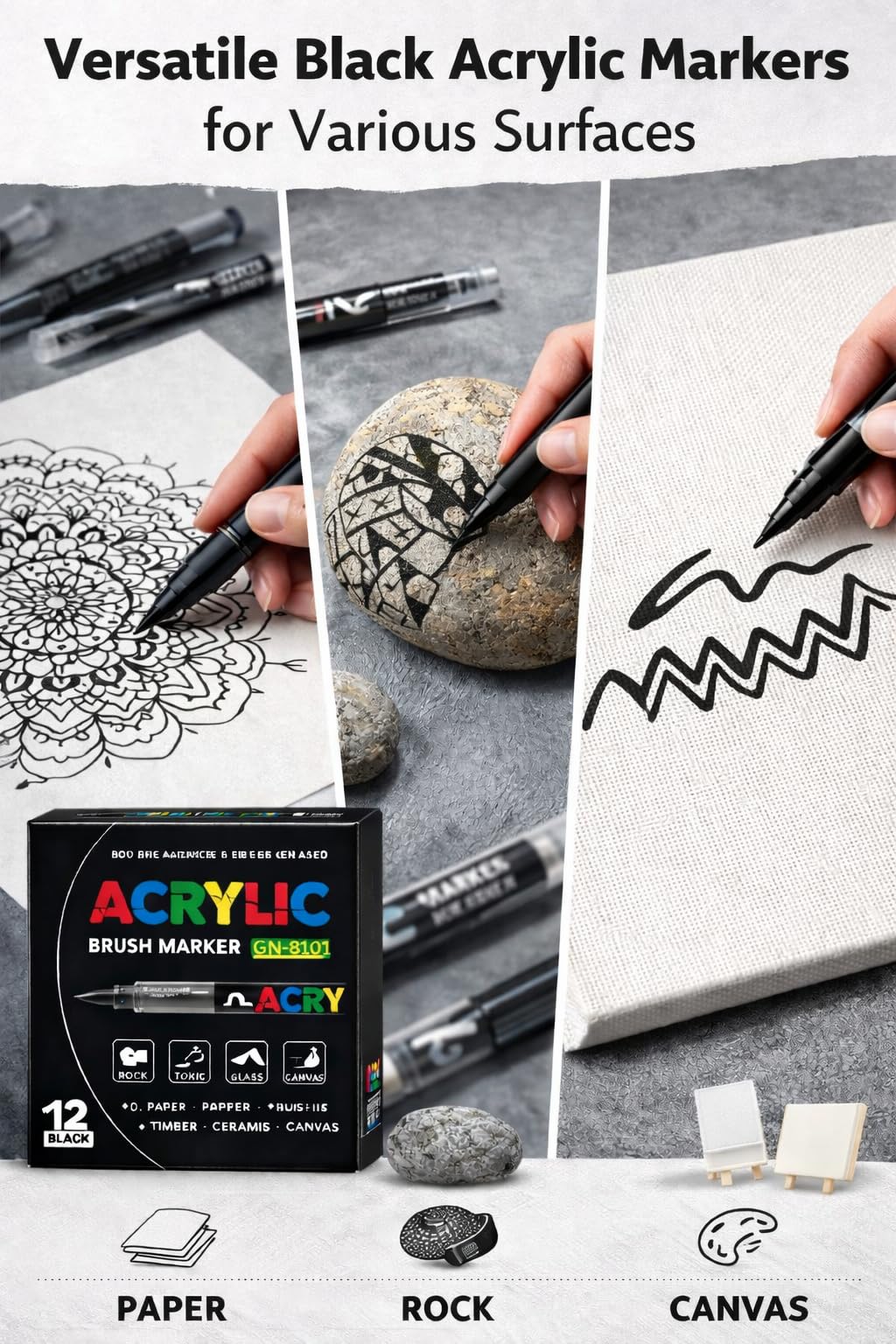 SYACOLOR 12 Black Acrylic Markers, Flexible and Precise Fine Tip, Opac Ink Layerable, Colouring Book, Glass, Ceramic, Rock, Wood, Stone, Fabric Painting (12) - Image 3
