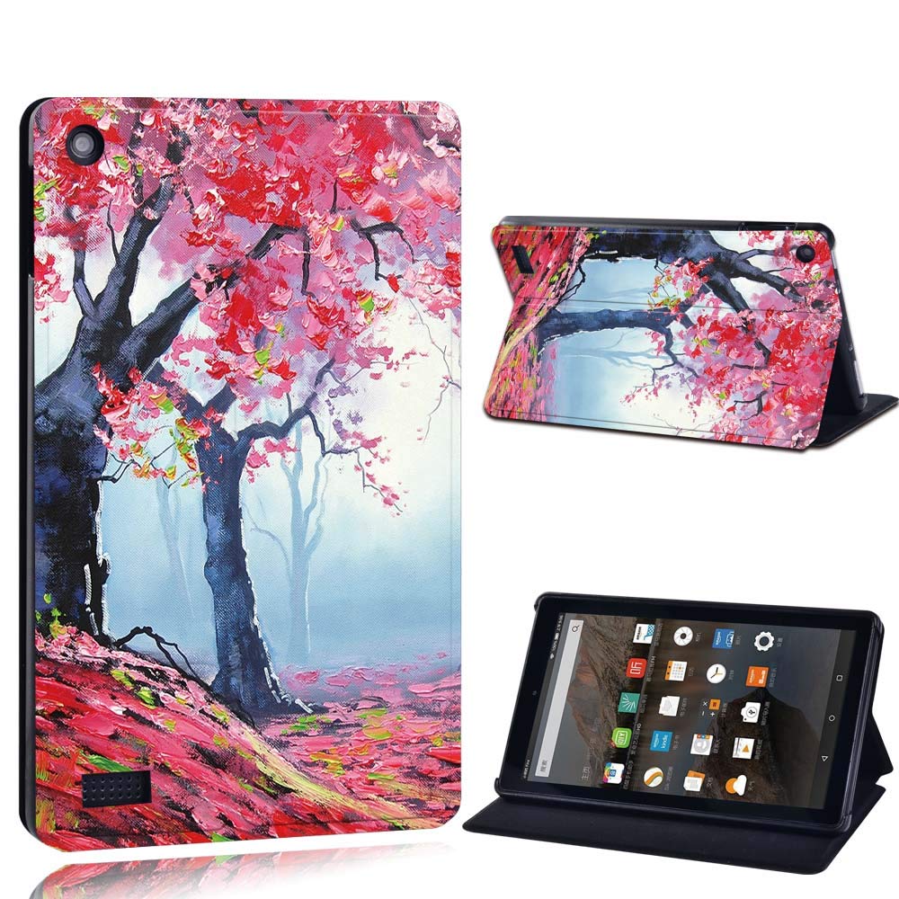 FINDING CASE For Amazon Fire 7 (5th 7th 9th Generation) Tablet - Printed PU Flip Leather Smart Lightweight Shell Stand Cover Case for Fire 7 (5th 7th 9th Generation) (red tree paint)