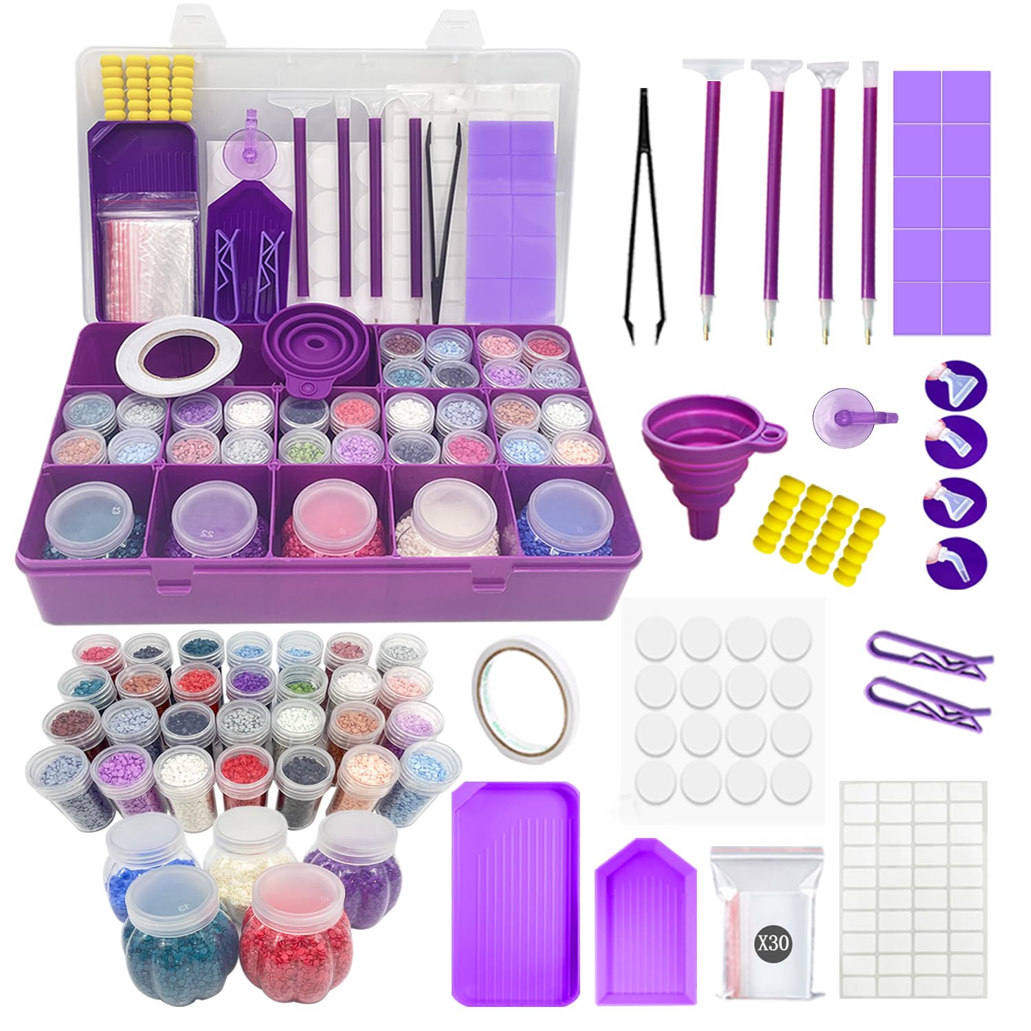 KTCLCATF Diamond Painting Storage Containers Case, Diamond Art Accessory Kits with Shockproof Jars, Craft Jewelry Bead Rhinestones Diamond Paintings Tools Organizer Box (Purple-1)
