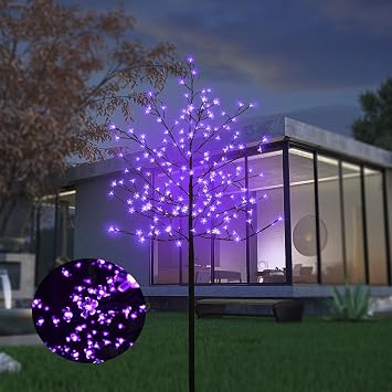 LED Solar Lighted Cherry Blossom Tree,6Ft Light up Cherry Tree Outdoor with 200 Crystal Flower Detachable for Pathway Porch Yard Patio Garden Decor Holiday Decorations Christmas Easter Purple Glow