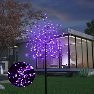 LED Solar Lighted Cherry Blossom Tree,6Ft Light up Cherry Tree Outdoor with 200 Crystal Flower Detachable for Pathway Porch Yard Patio Garden Decor Holiday Decorations Christmas Easter Purple Glow