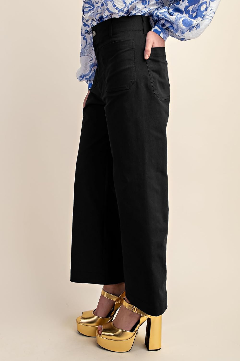 miduo Womens High Waisted Cropped Wide Leg Stretchy Straight Pants Trousers with Pockets - Image 4