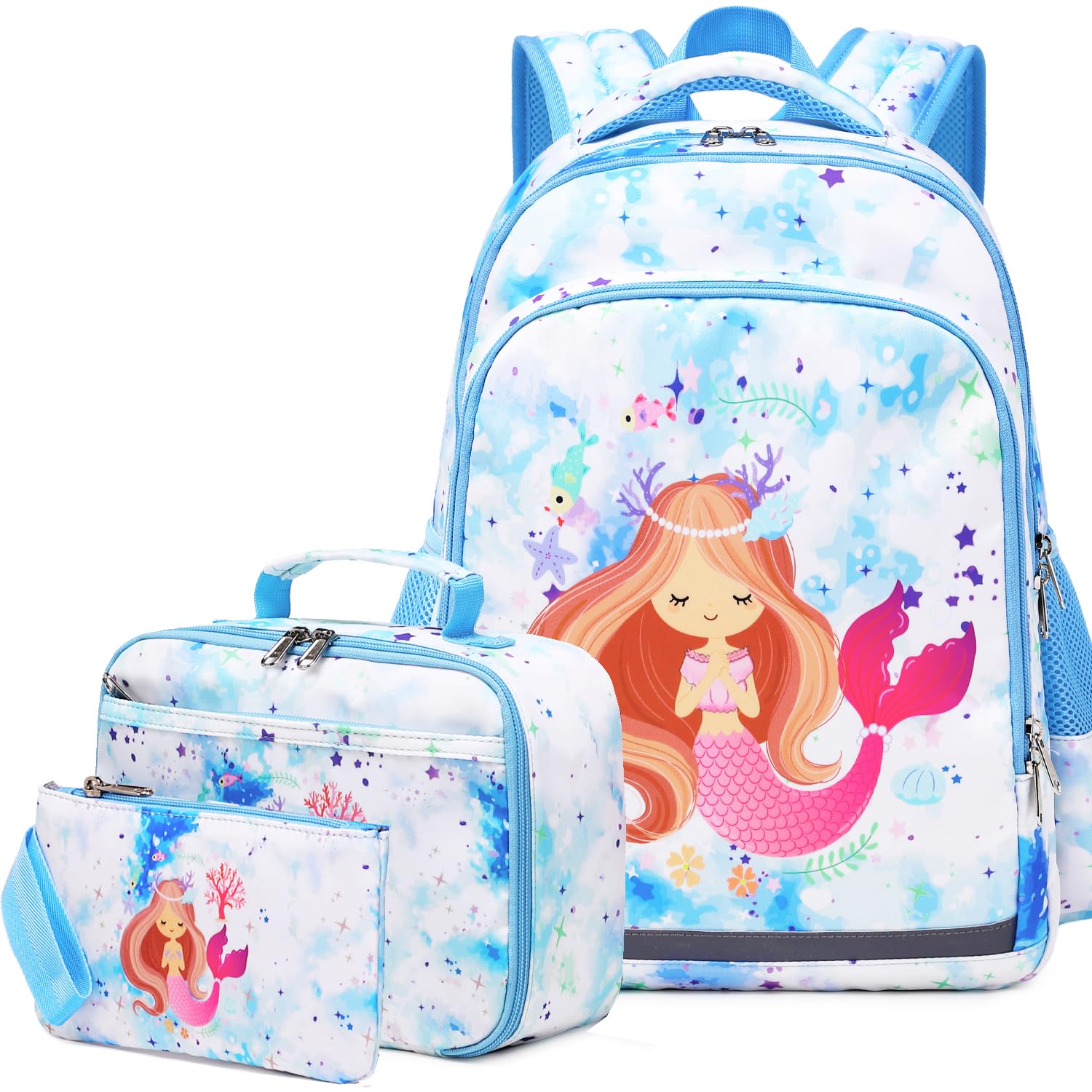 VanwilitGirls School Backpack Mermaid Backpack Water Resistant Lightweight Primary School Bag Set with Lunch Bag & Pencil Case 3 in 1 Kids Bookbag Casual Rucksack (Blue Mermaid)