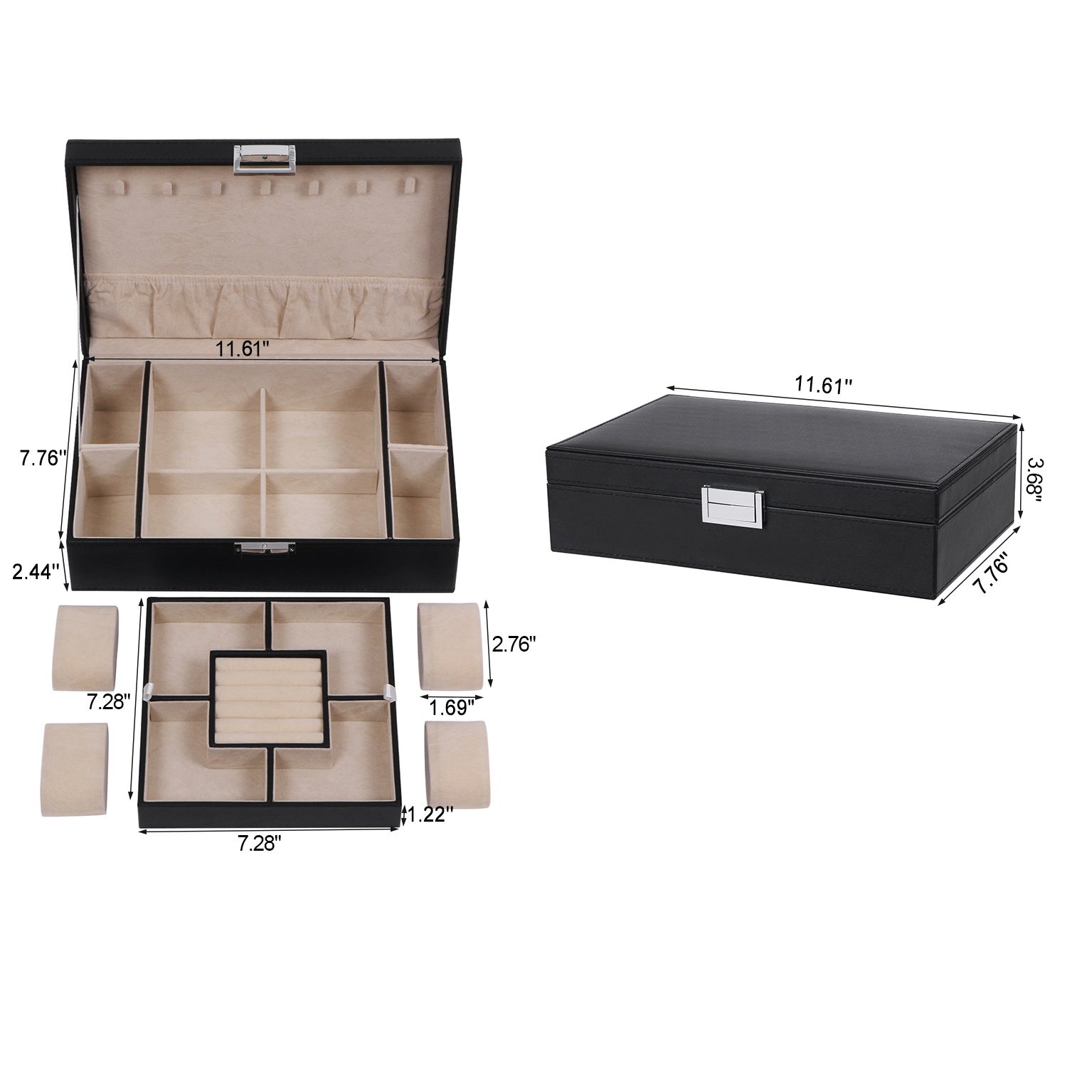 BEWISHOME Joyero para hombre, organizador de joyas con 4 cajas de reloj, bandeja extraíble, estuche de almacenamiento de joyas para collares, aretes, anillos, pulseras, piel sintética, forro de