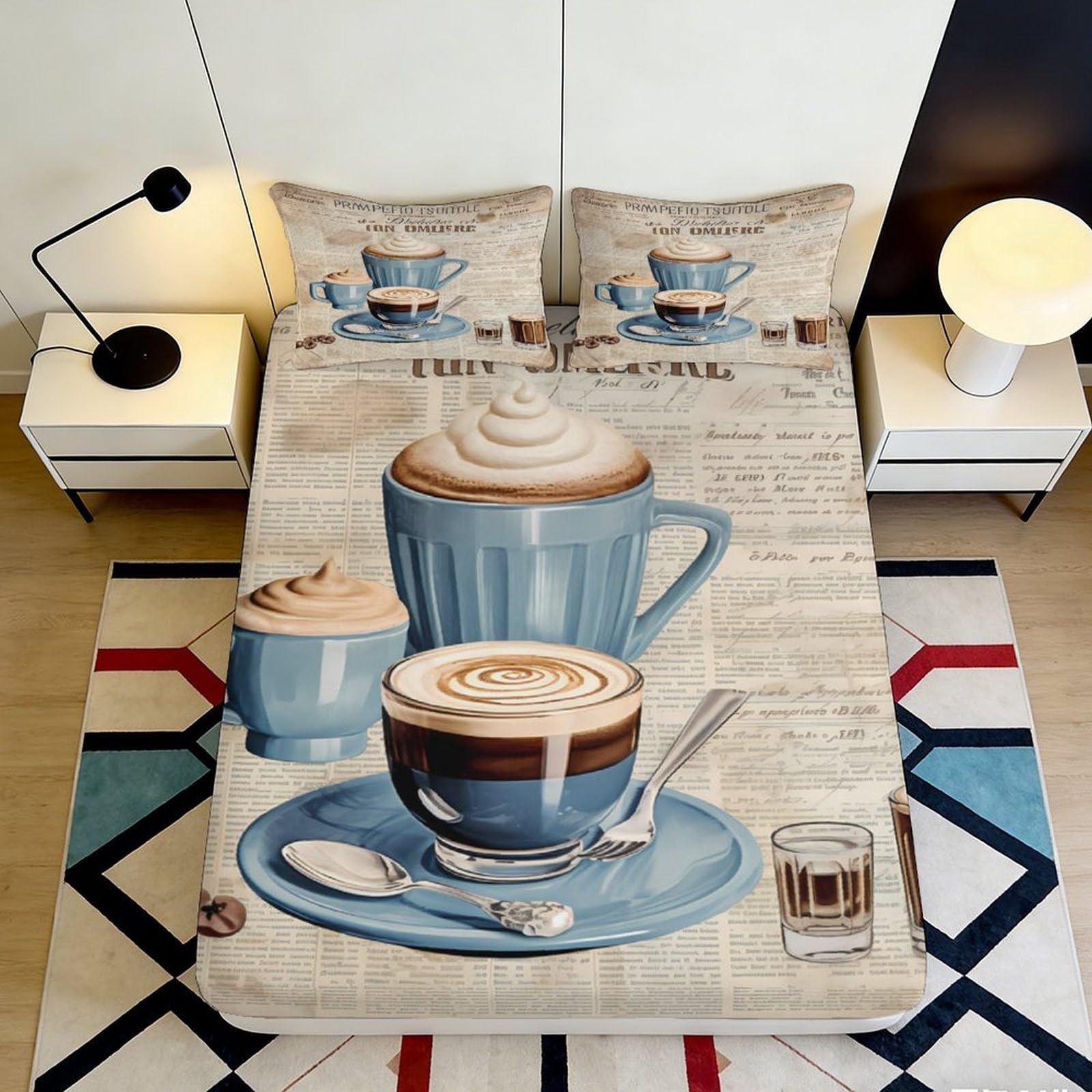 3D Printed Coffee Fitted Sheet Microfiber Deep Pocket Non-Slip Bedroom Bedding Coffee Mattress Fitted Cover for Adults 140x200x25cm